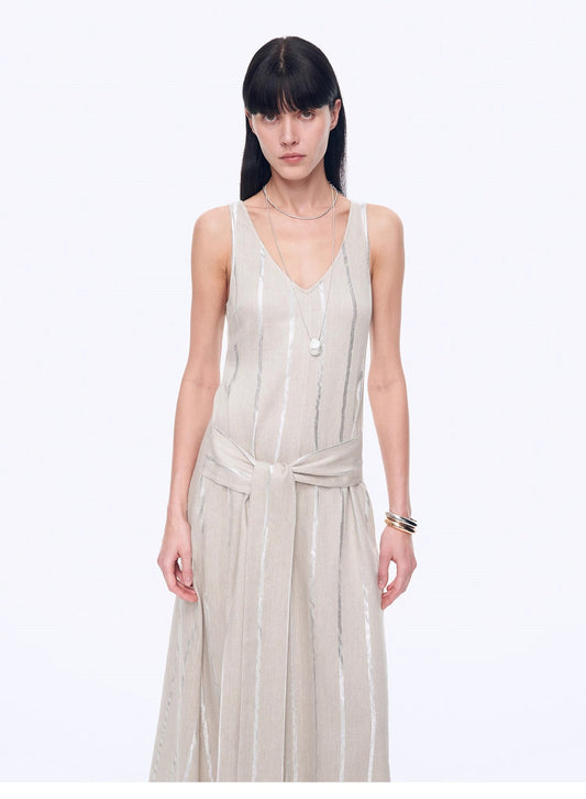 "Milan Holiday" Silver Striped Linen V-Neck Drape Dress