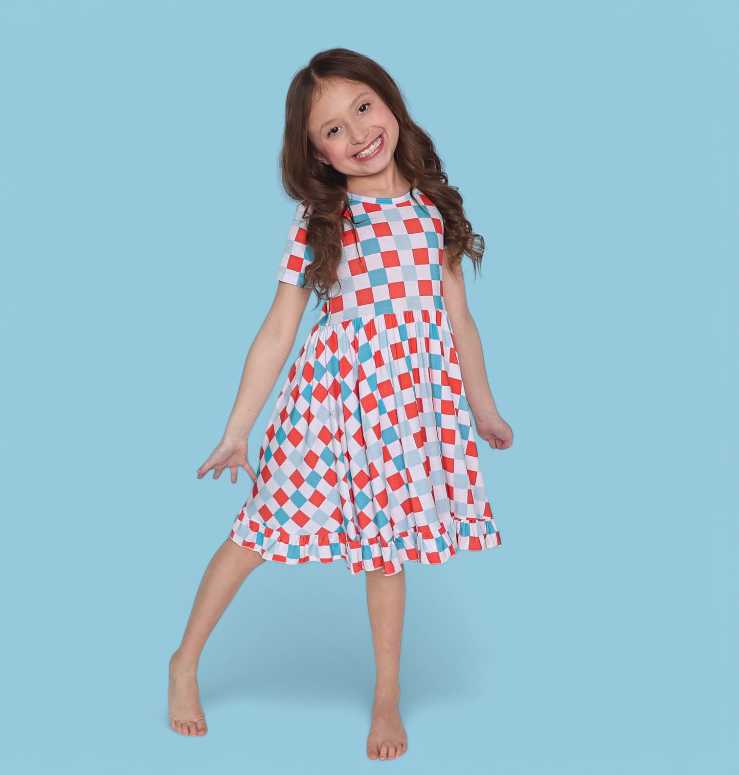 USA CHECKERS DREAM RUFFLE DRESS