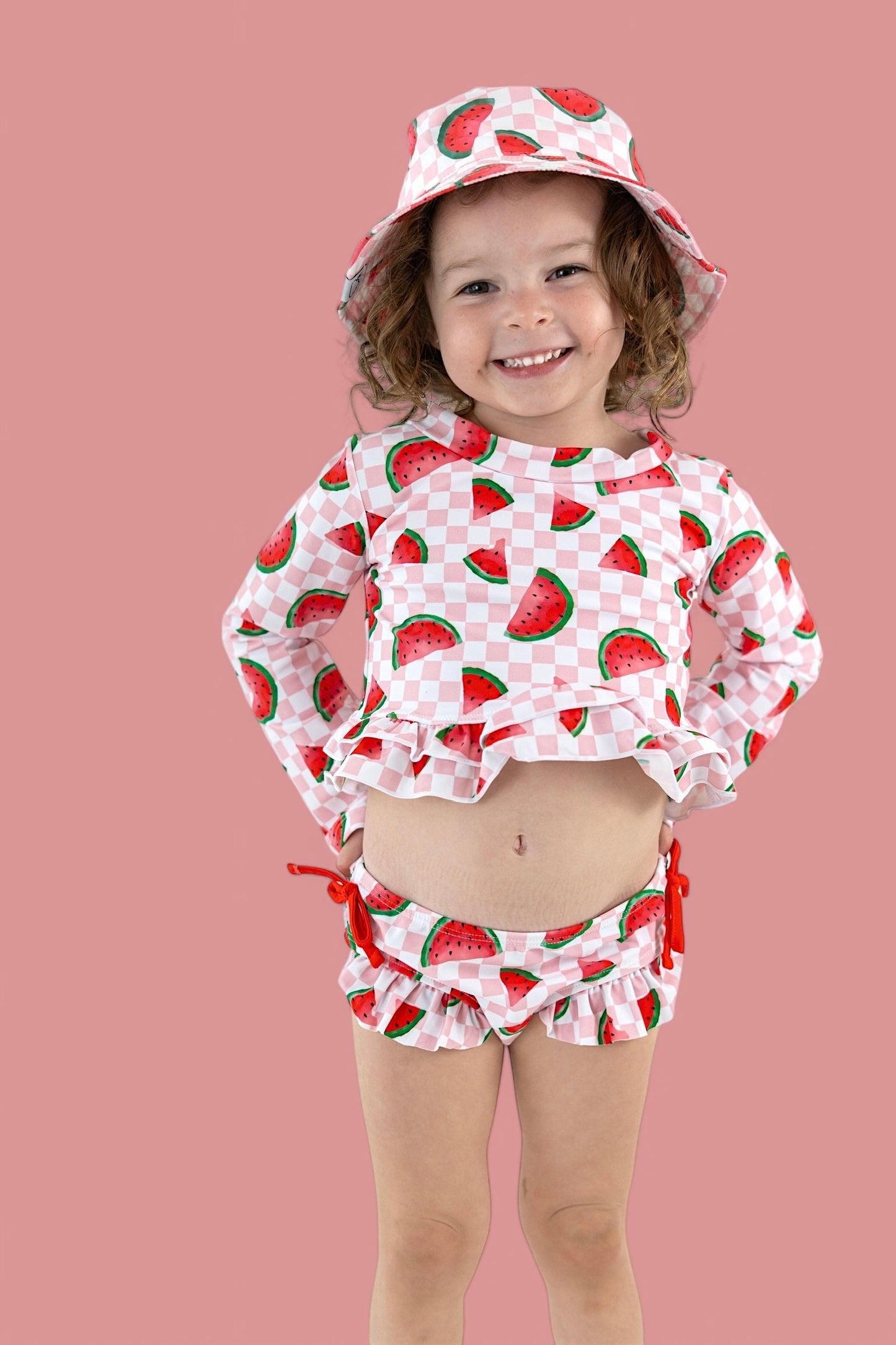 ONE IN A MELON DREAM TWO PIECE RASH GUARD RUFFLE SWIM SUIT