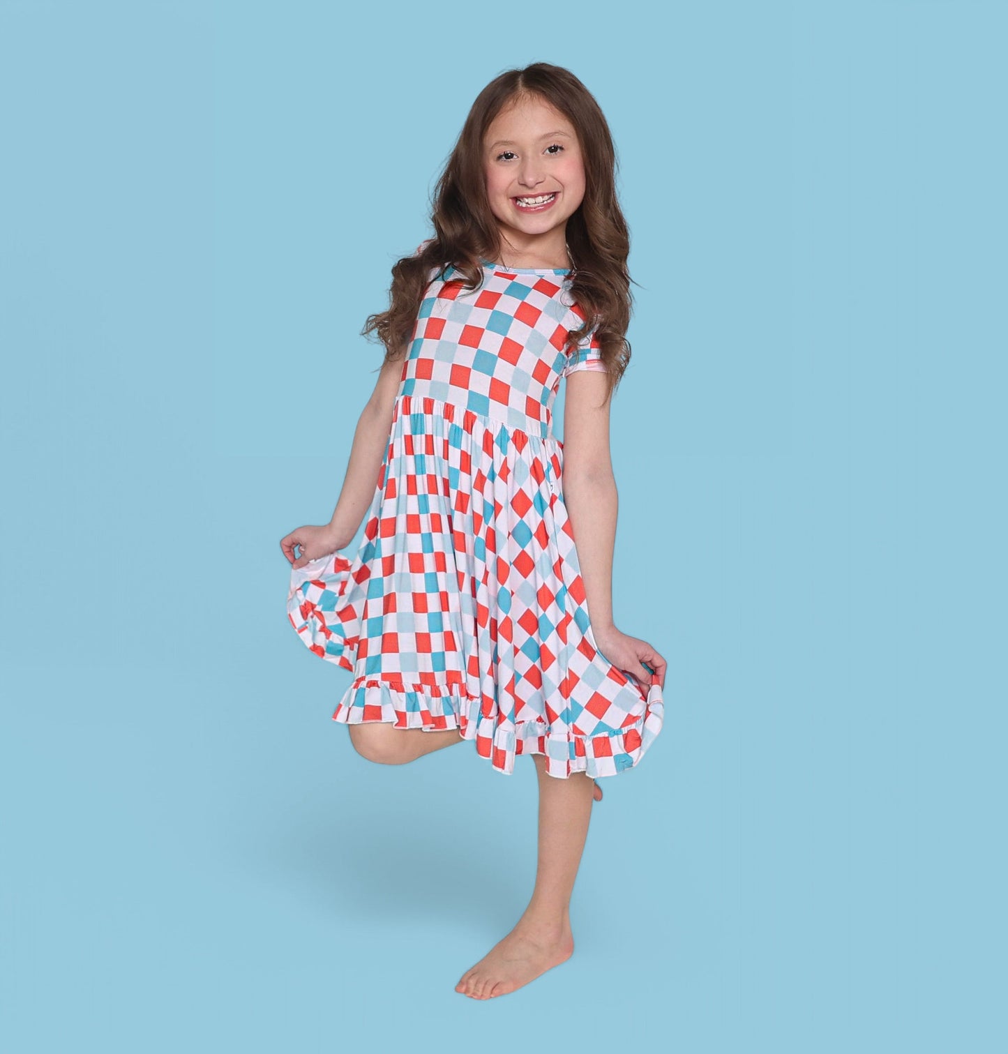 USA CHECKERS DREAM RUFFLE DRESS