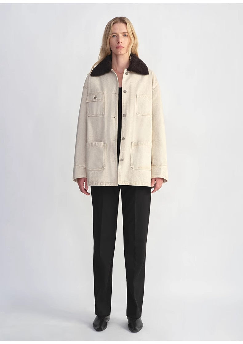 Heavy Cotton Denim Detachable Fur Jacket