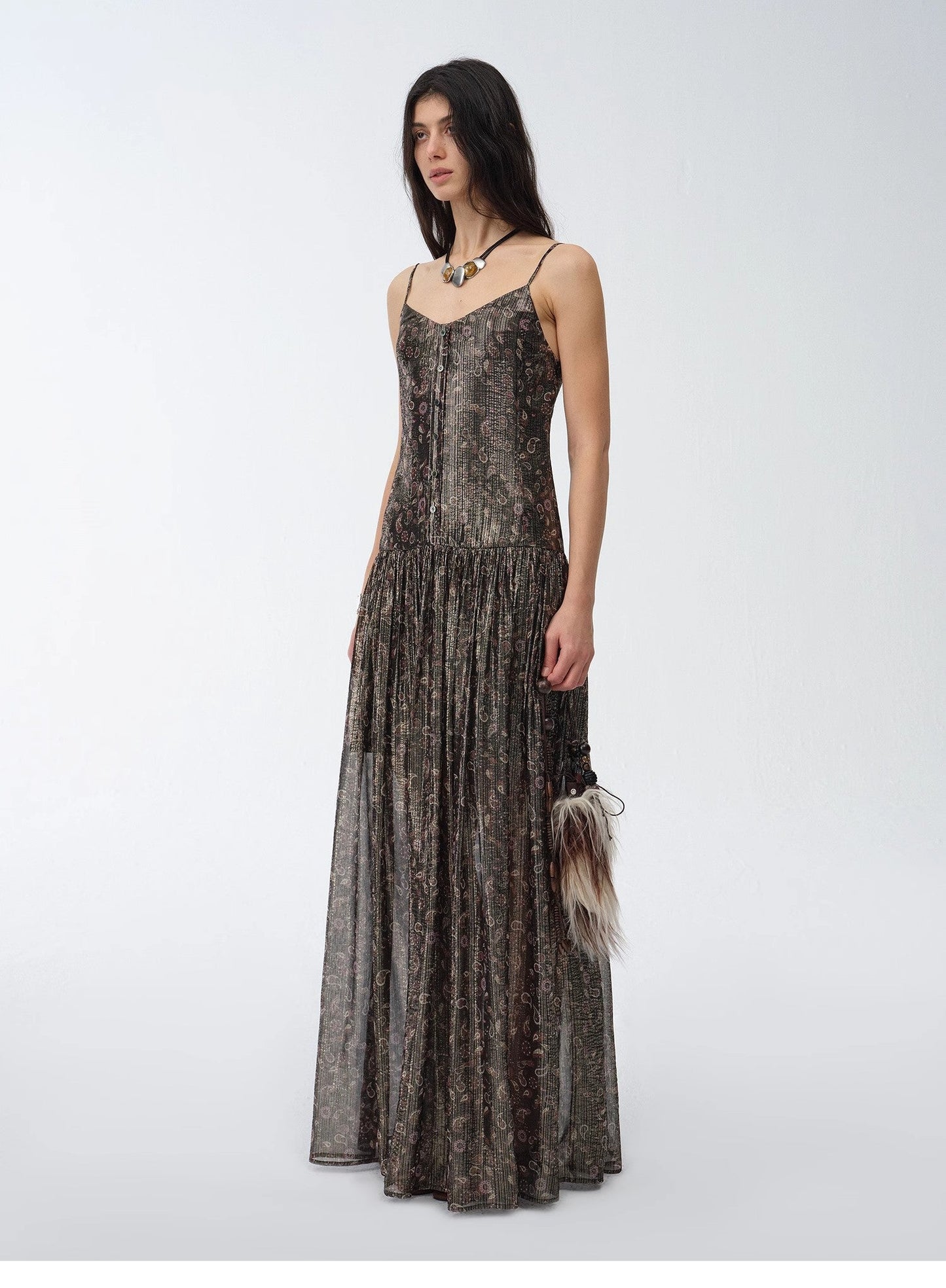 "Floating Lights" Retro Paisley Print Silk Holiday Sling Dress