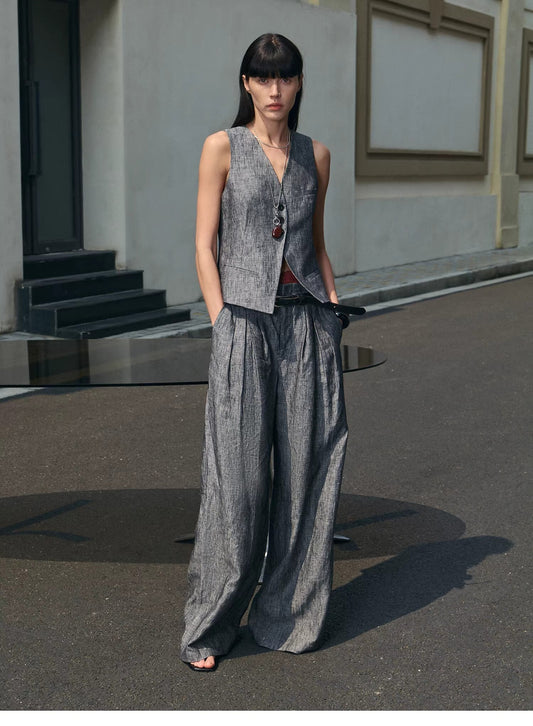 Linen Draped Vest and Straight Trousers Suit