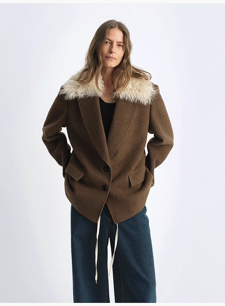 Vertical Texture Wool Tweed Coat Detachable Fur Collar