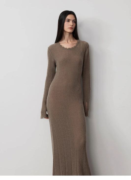 Wool Looped Yarn Raw Edge Ripped Dress