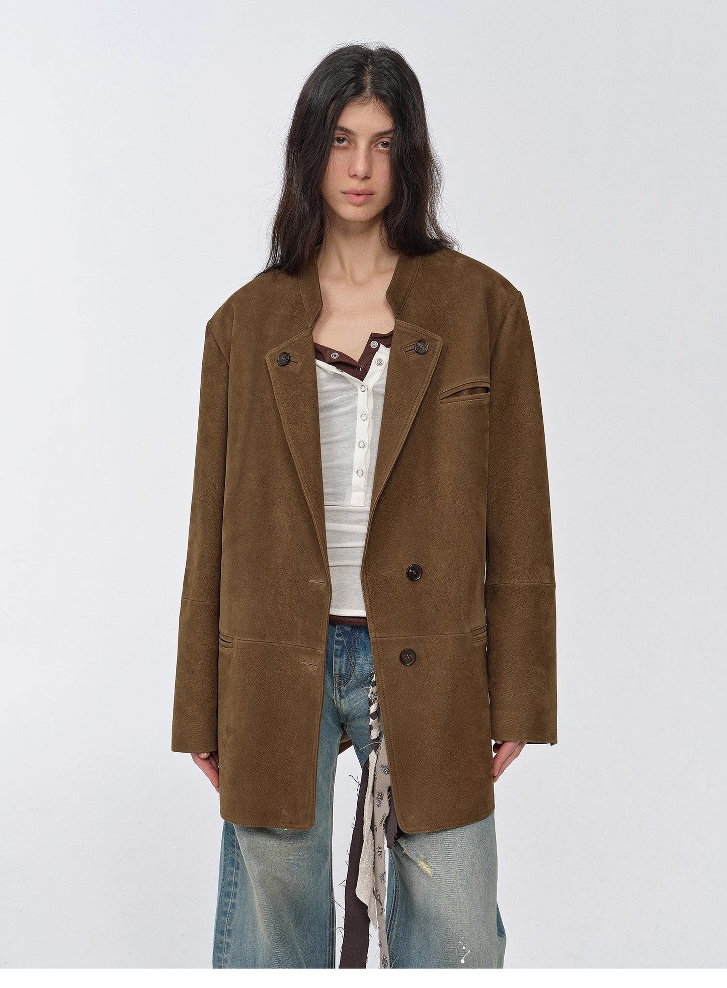 "Bavaria" Vintage Suede/Waxy Goatskin Leather Mid-Length Suit Jacket