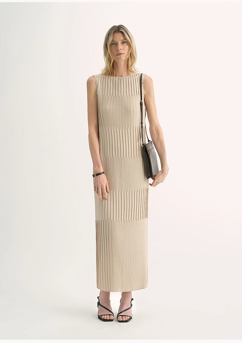 Handmade Pleated Straight Sleeveless Boat Neck Dress