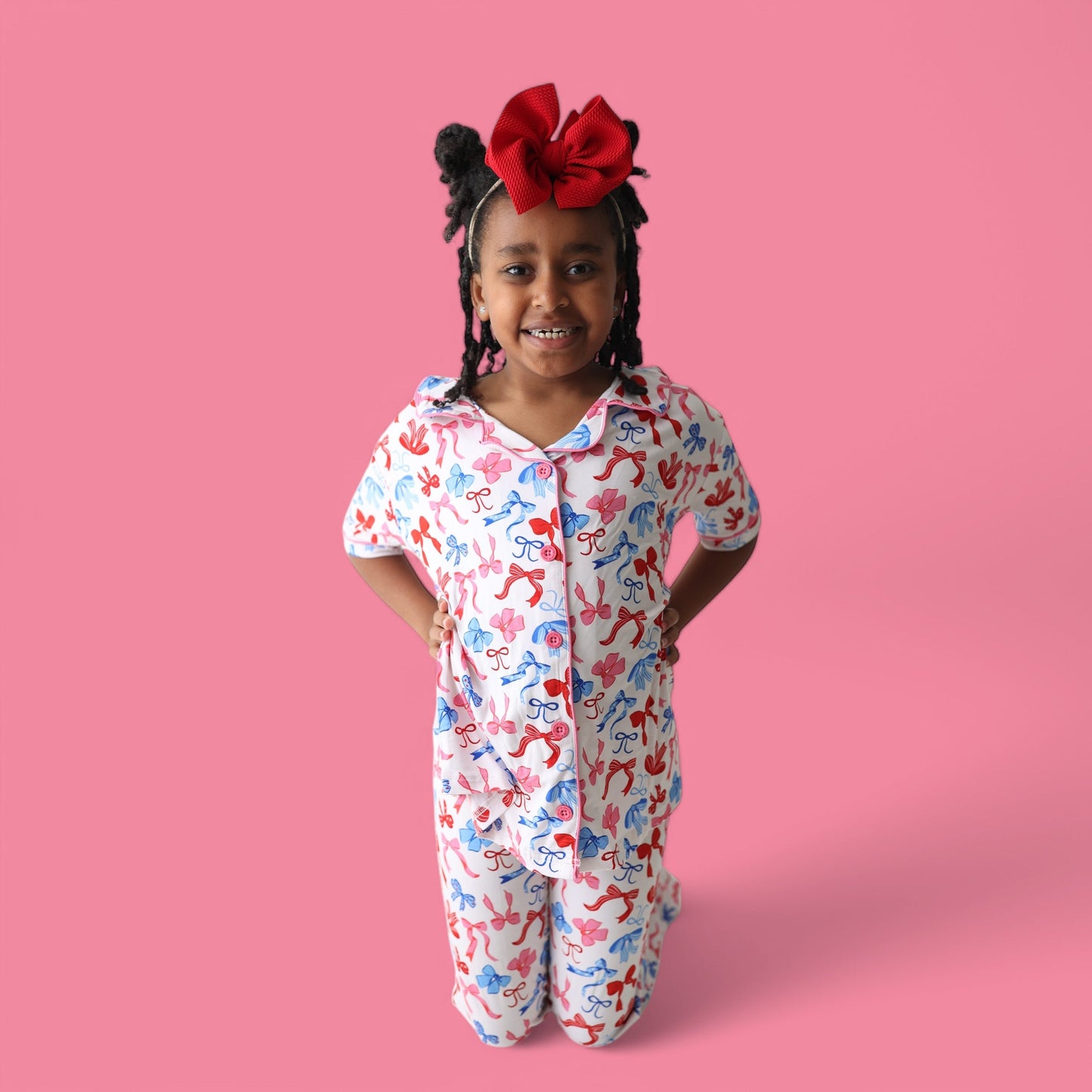 RED, WHITE AND BOWS DREAM GIRL'S SHORT SLEEVE FLARE SET