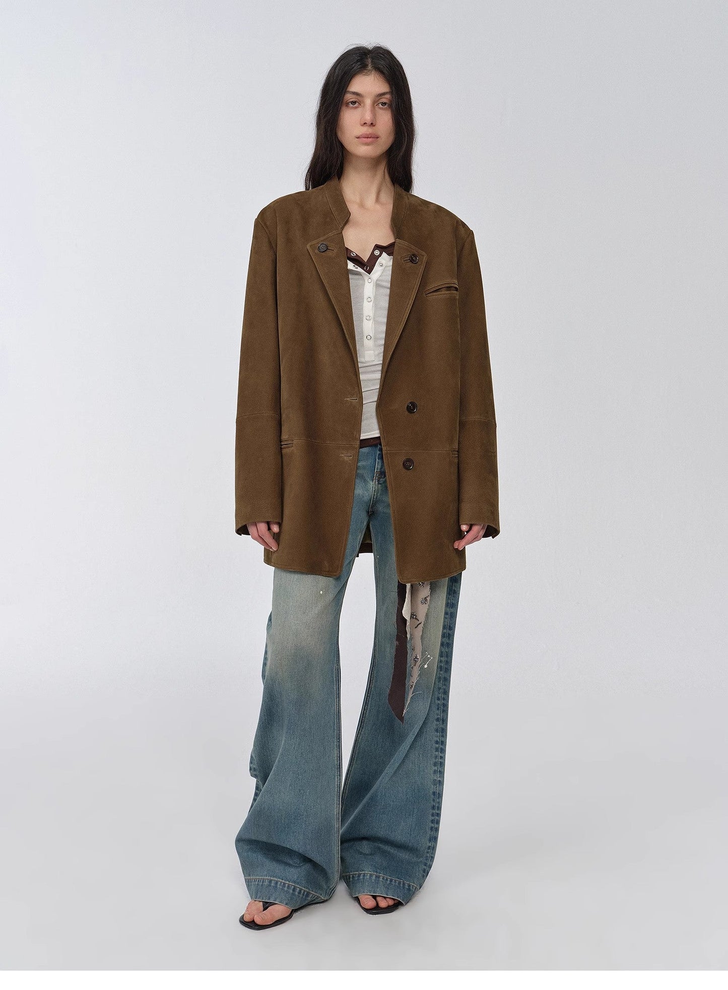 "Bavaria" Vintage Suede/Waxy Goatskin Leather Mid-Length Suit Jacket