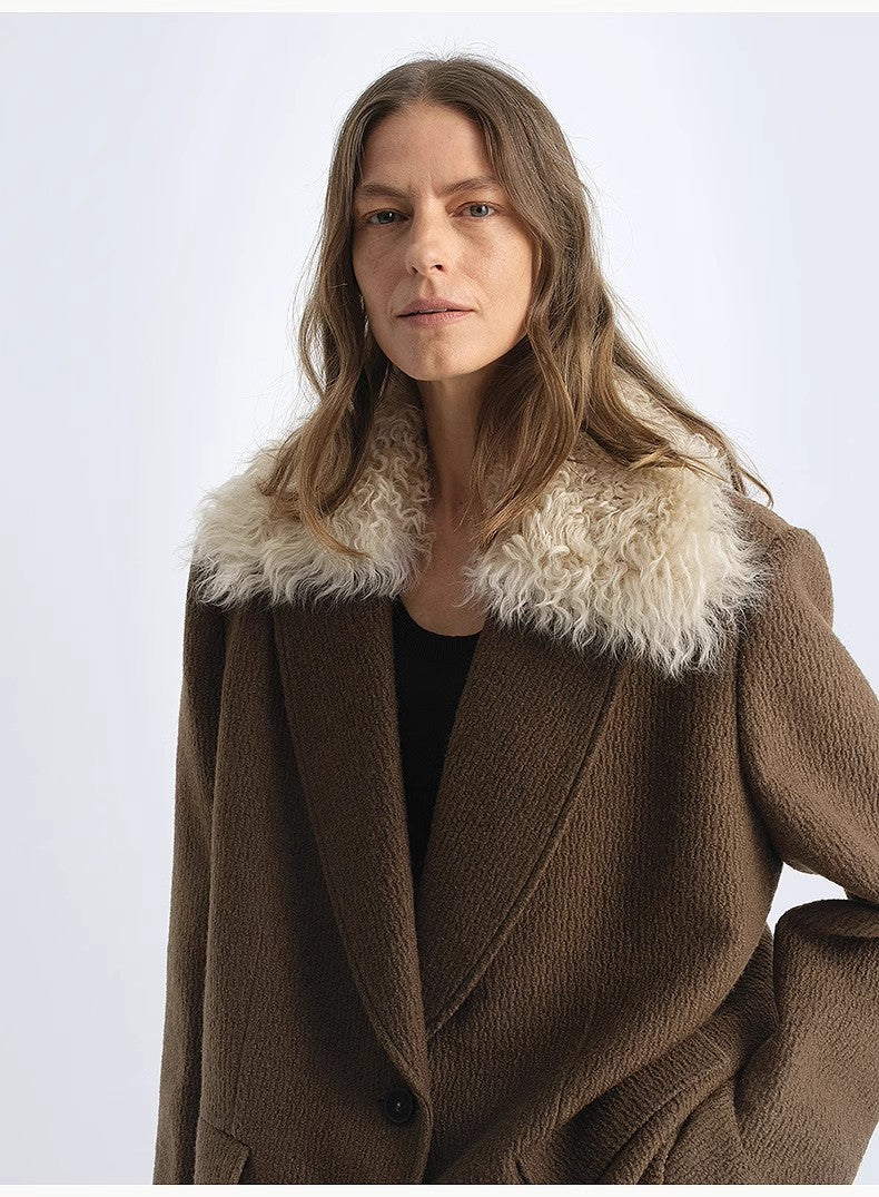 Vertical Texture Wool Tweed Coat Detachable Fur Collar