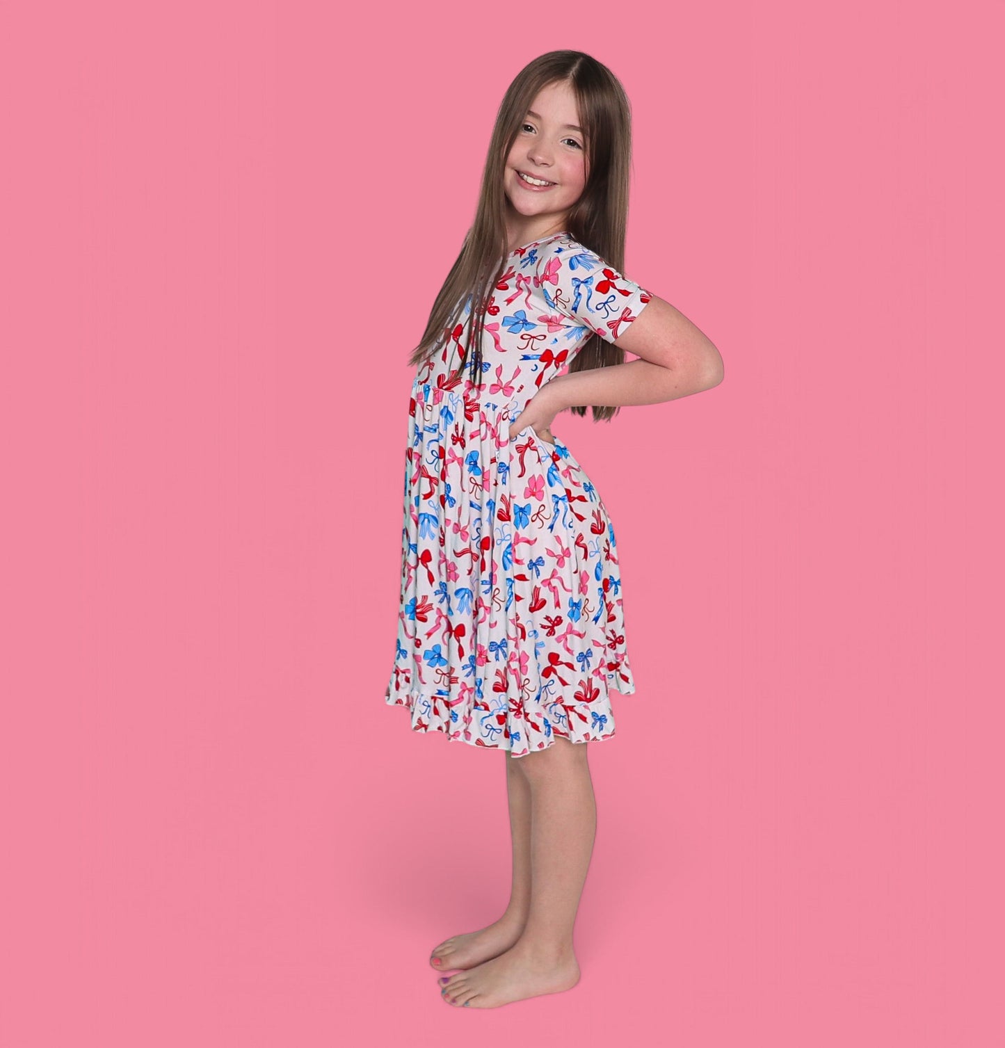 RED, WHITE AND BOWS DREAM RUFFLE DRESS