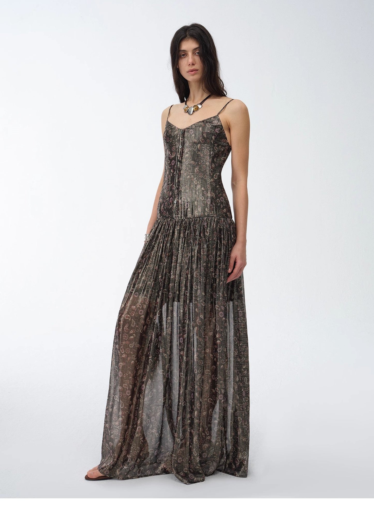 "Floating Lights" Retro Paisley Print Silk Holiday Sling Dress