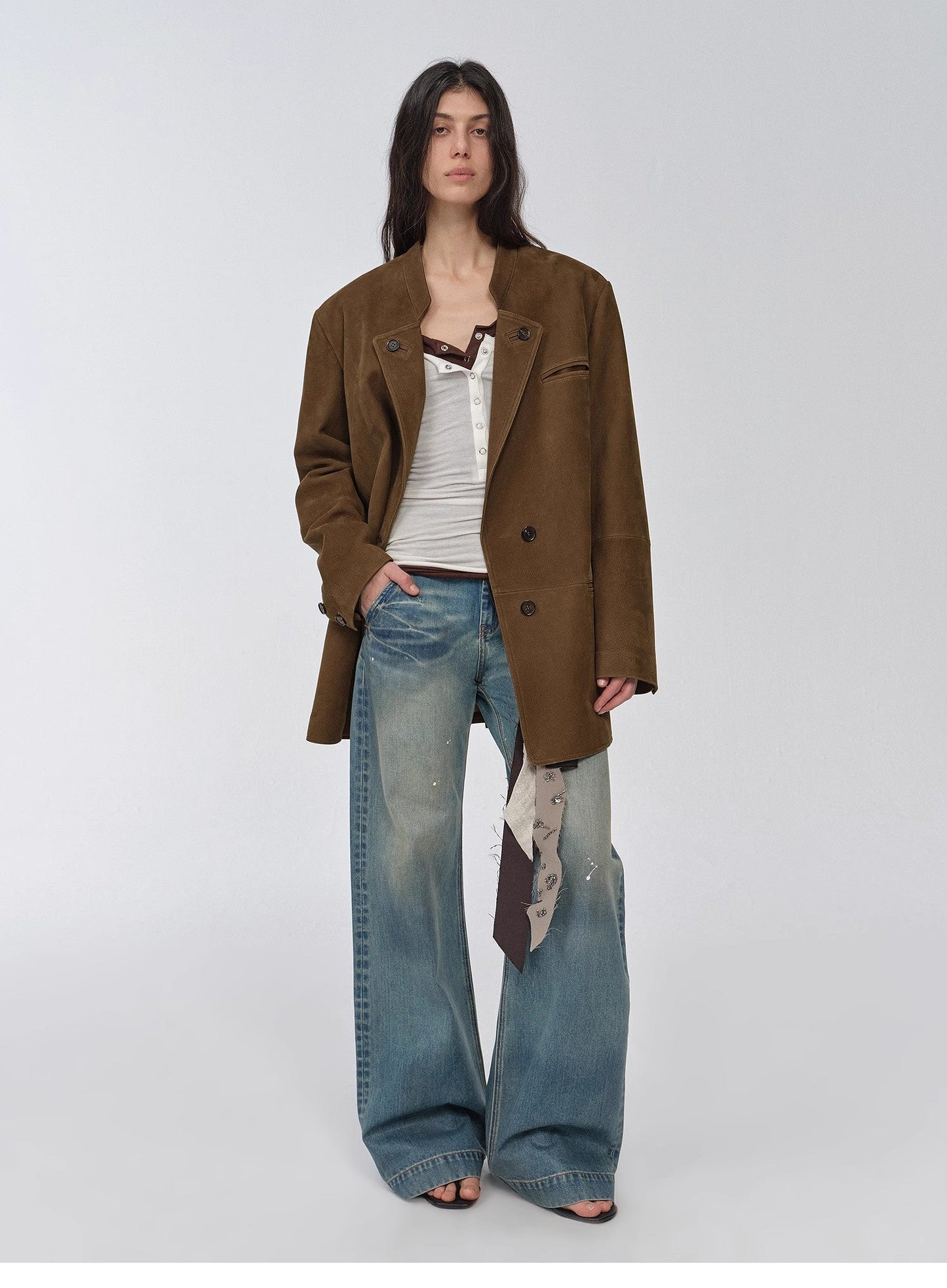 "Bavaria" Vintage Suede/Waxy Goatskin Leather Mid-Length Suit Jacket