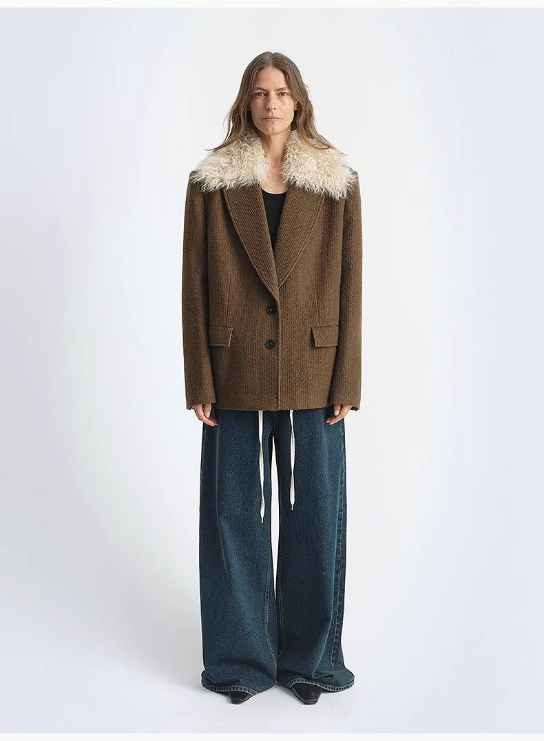 Vertical Texture Wool Tweed Coat Detachable Fur Collar