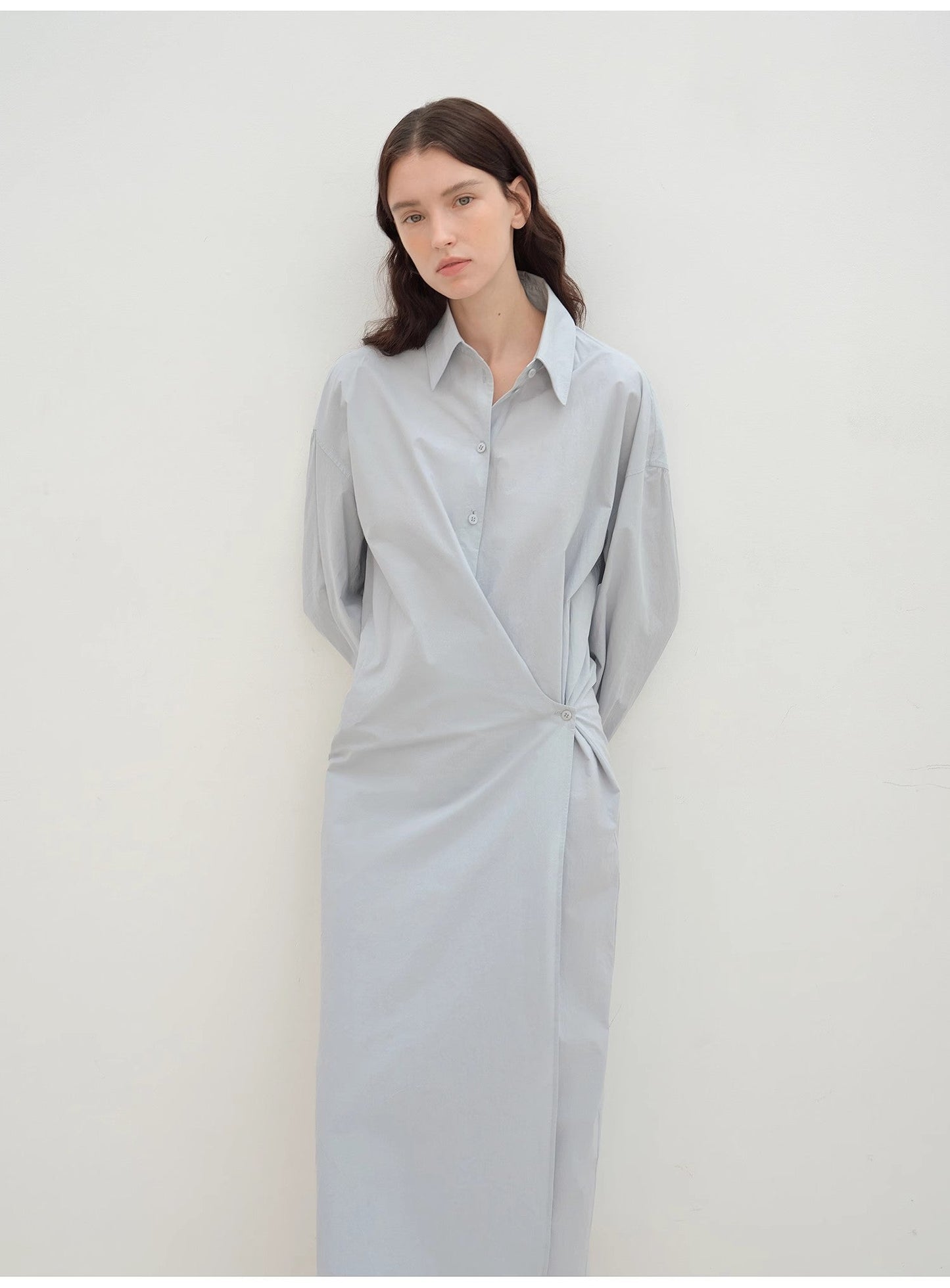 "Romantic Vibes" Cross-Placket Loose Long-Staple Cotton Shirt Dress