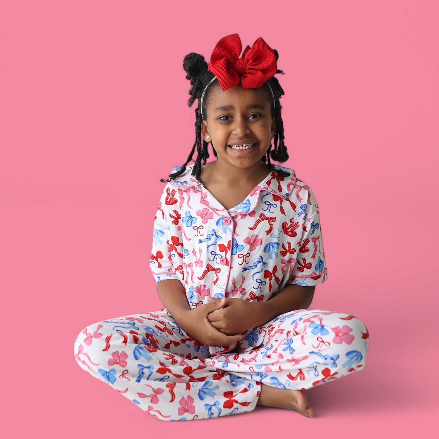 RED, WHITE AND BOWS DREAM GIRL'S SHORT SLEEVE FLARE SET