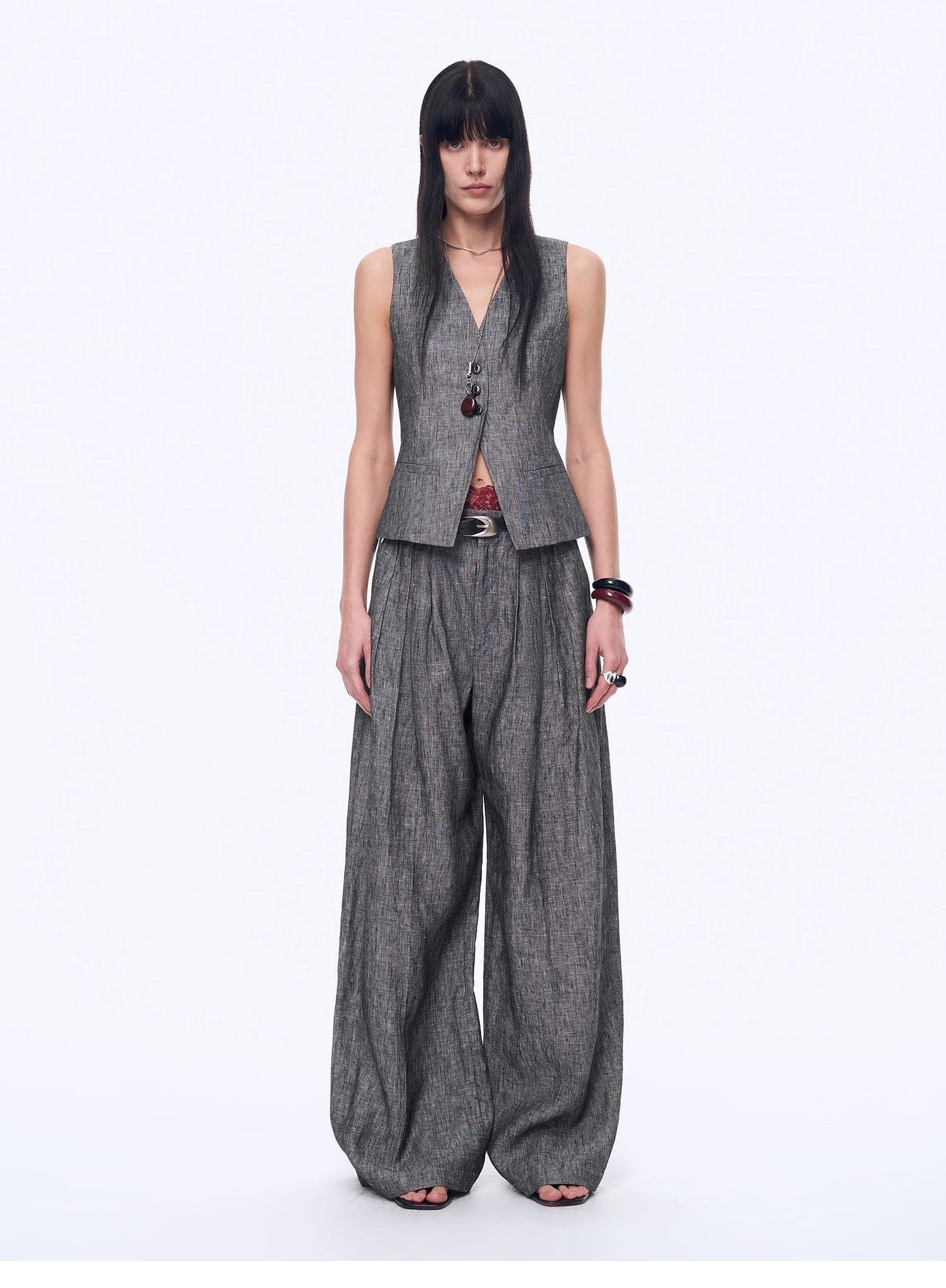 Linen Draped Vest and Straight Trousers Suit
