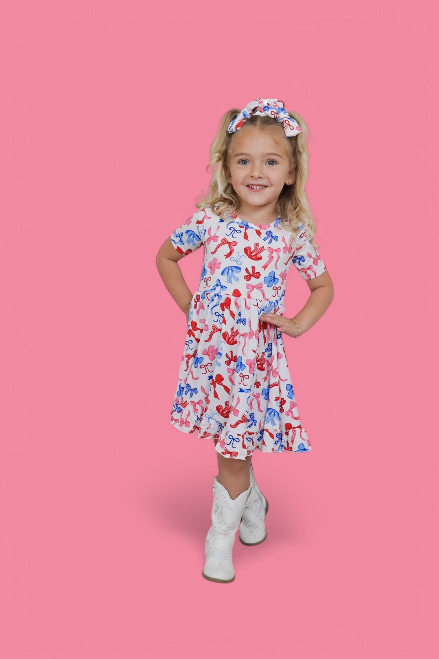 RED, WHITE AND BOWS DREAM RUFFLE DRESS