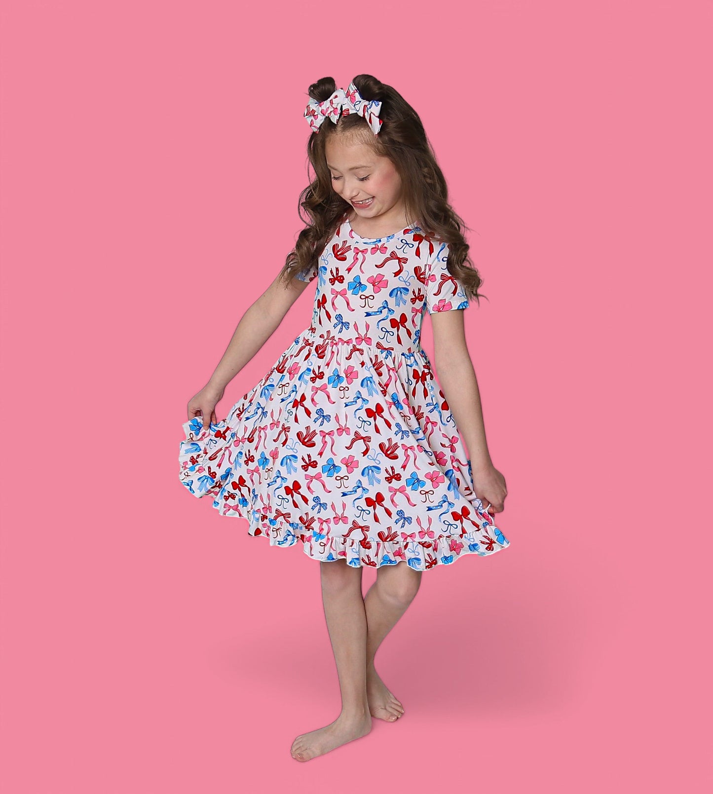RED, WHITE AND BOWS DREAM RUFFLE DRESS