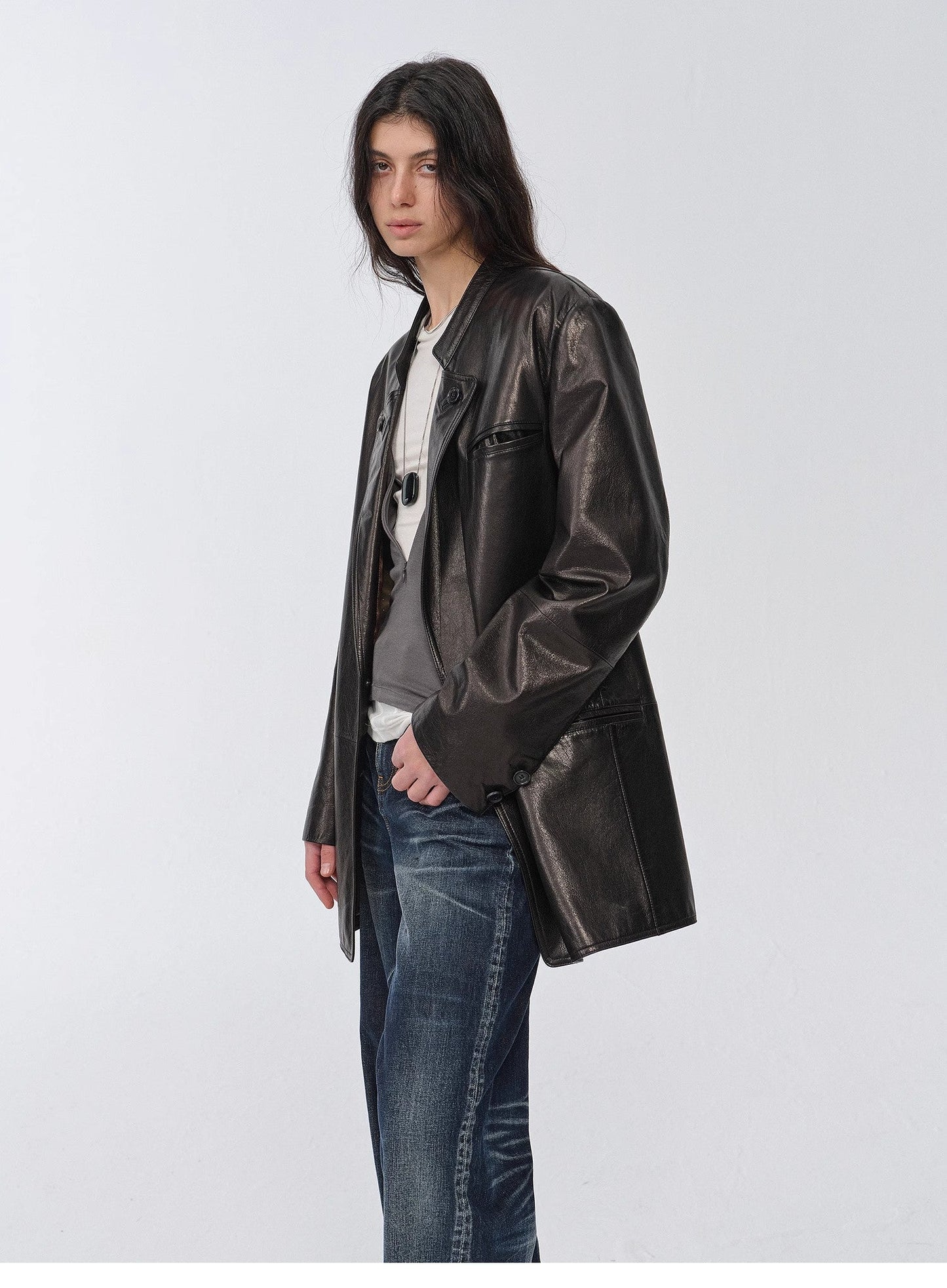"Bavaria" Vintage Suede/Waxy Goatskin Leather Mid-Length Suit Jacket