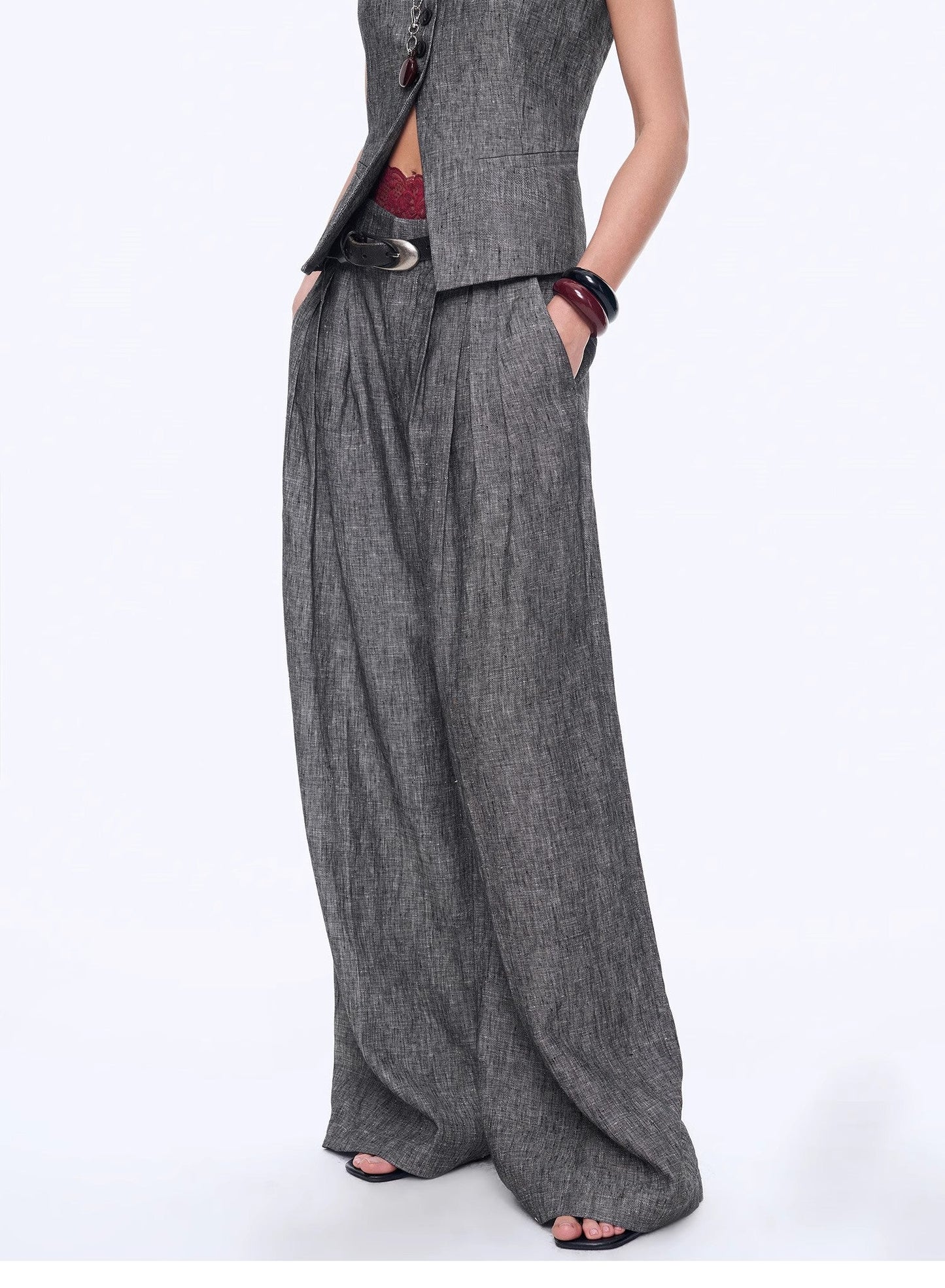 Linen Draped Vest and Straight Trousers Suit