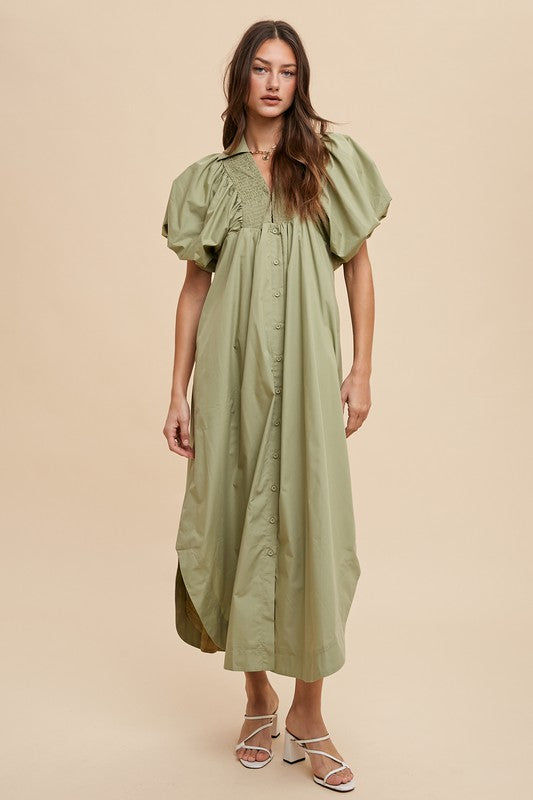 Smocked Puff Sleeve Midi Dress