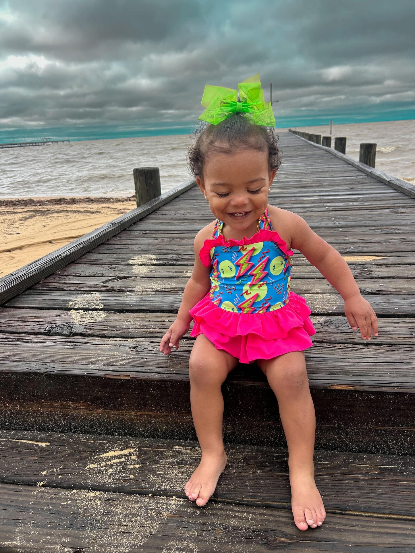 Neon Bolts Ruffled Swim Suit
