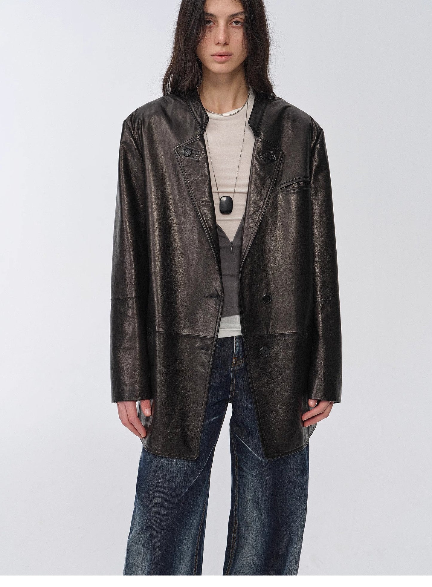 "Bavaria" Vintage Suede/Waxy Goatskin Leather Mid-Length Suit Jacket