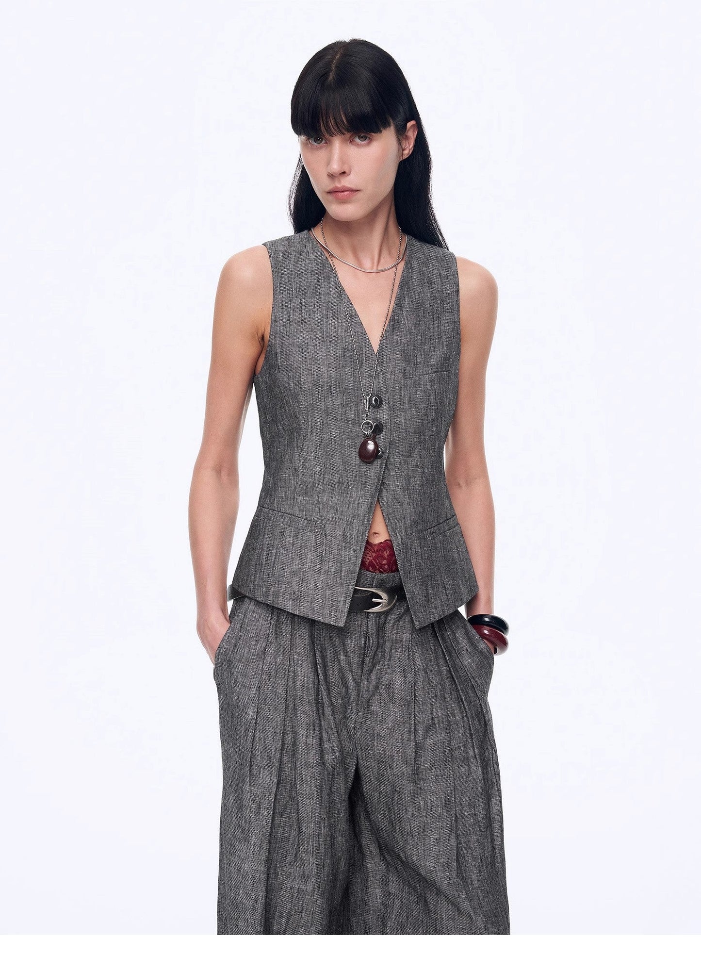 Linen Draped Vest and Straight Trousers Suit