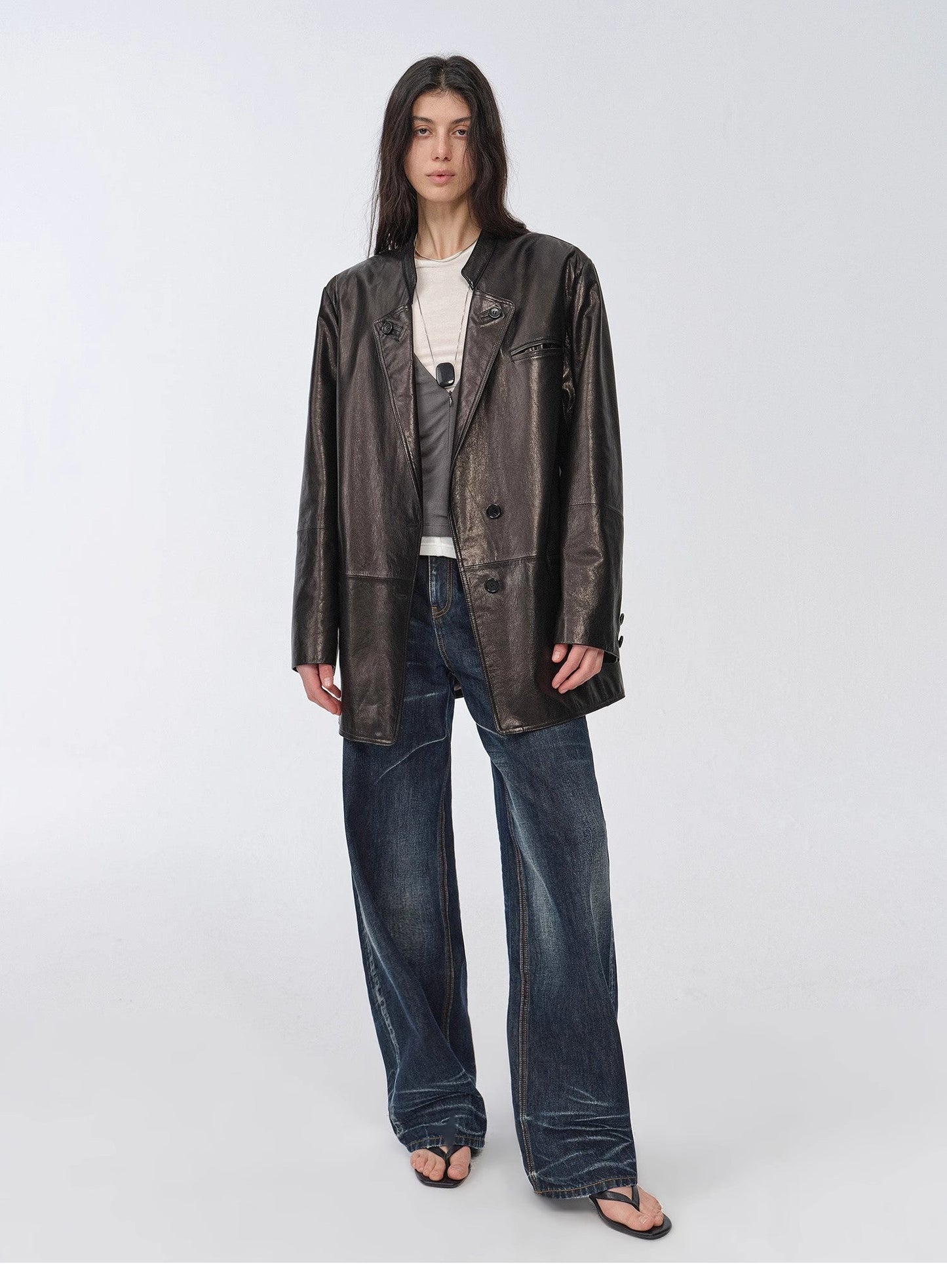 "Bavaria" Vintage Suede/Waxy Goatskin Leather Mid-Length Suit Jacket