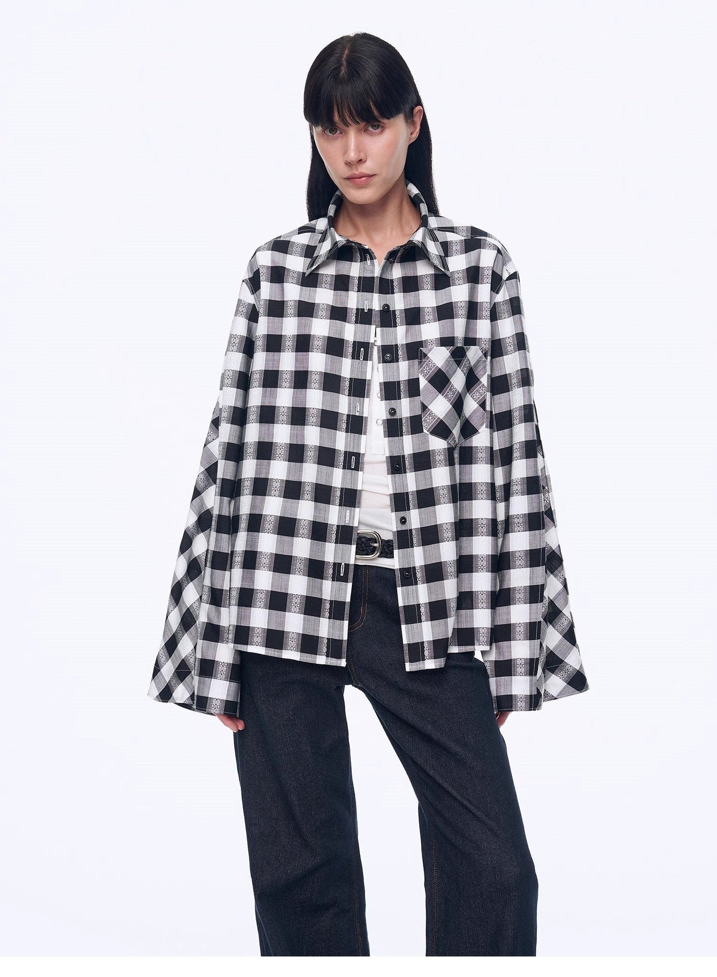 Style Diary Tencel Acetate Jacquard Check Dropped Shoulder Shirt