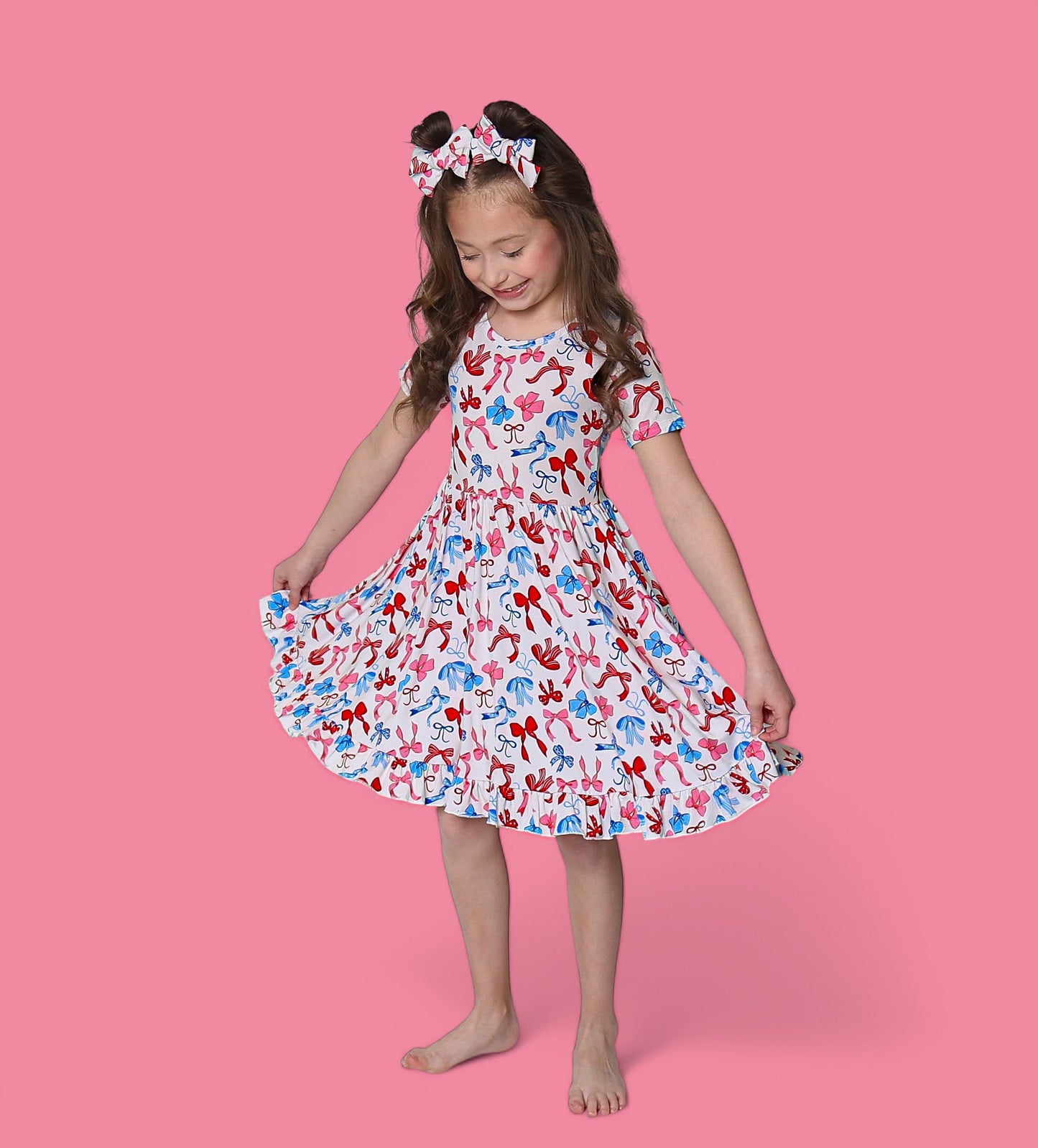 RED, WHITE AND BOWS DREAM RUFFLE DRESS