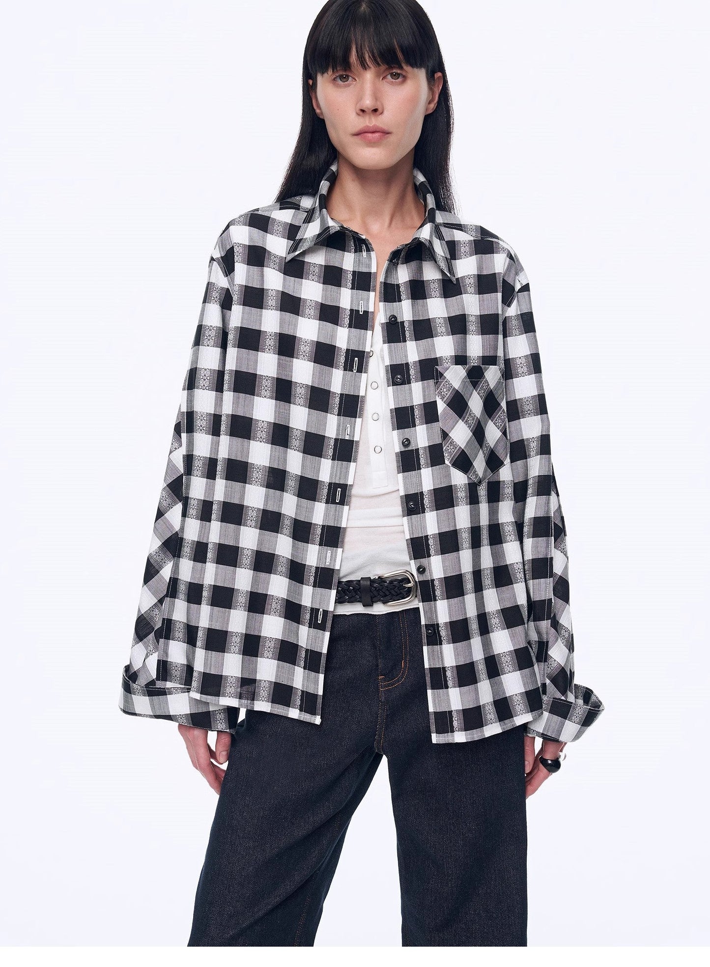 Style Diary Tencel Acetate Jacquard Check Dropped Shoulder Shirt