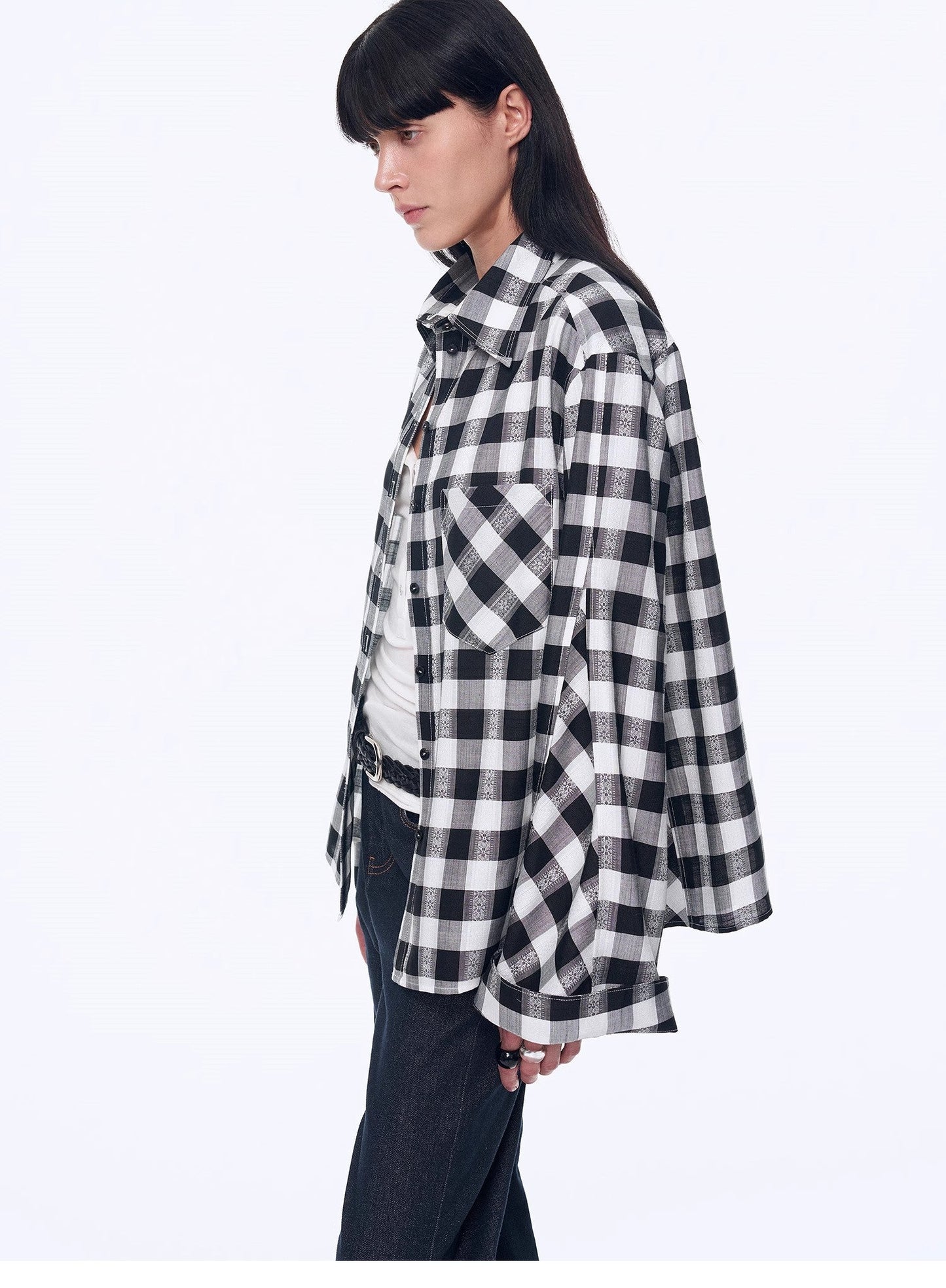 Style Diary Tencel Acetate Jacquard Check Dropped Shoulder Shirt