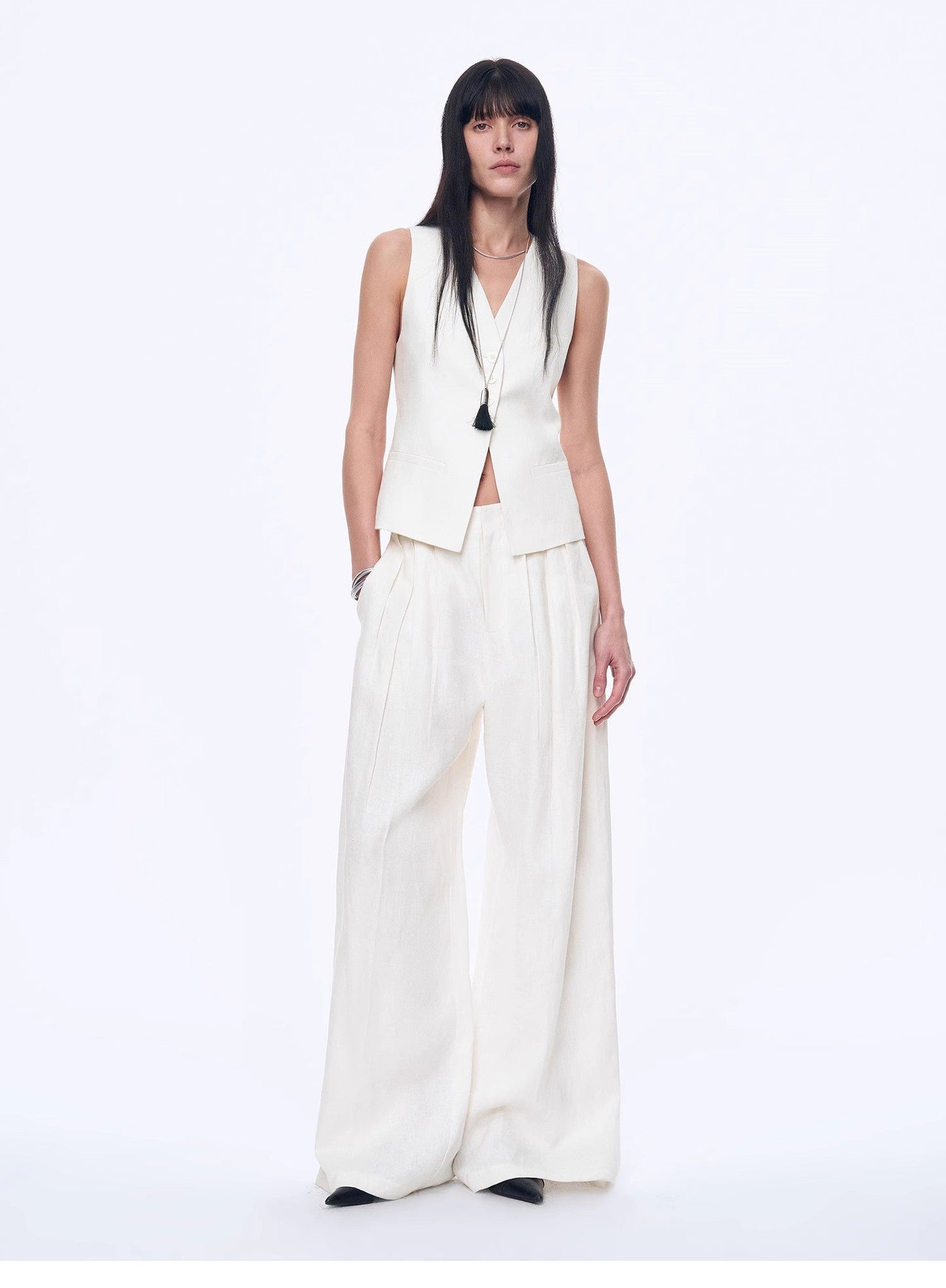 Linen Draped Vest and Straight Trousers Suit
