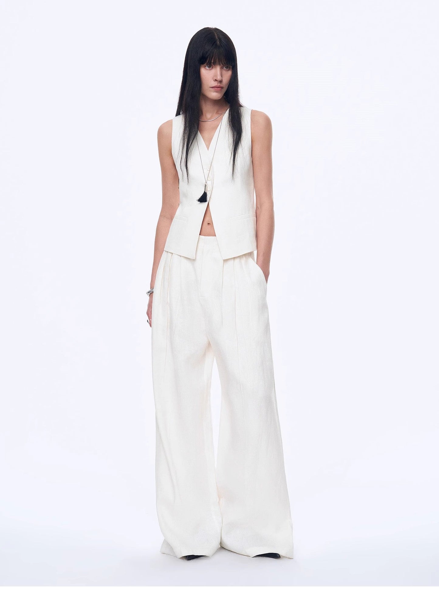 Linen Draped Vest and Straight Trousers Suit
