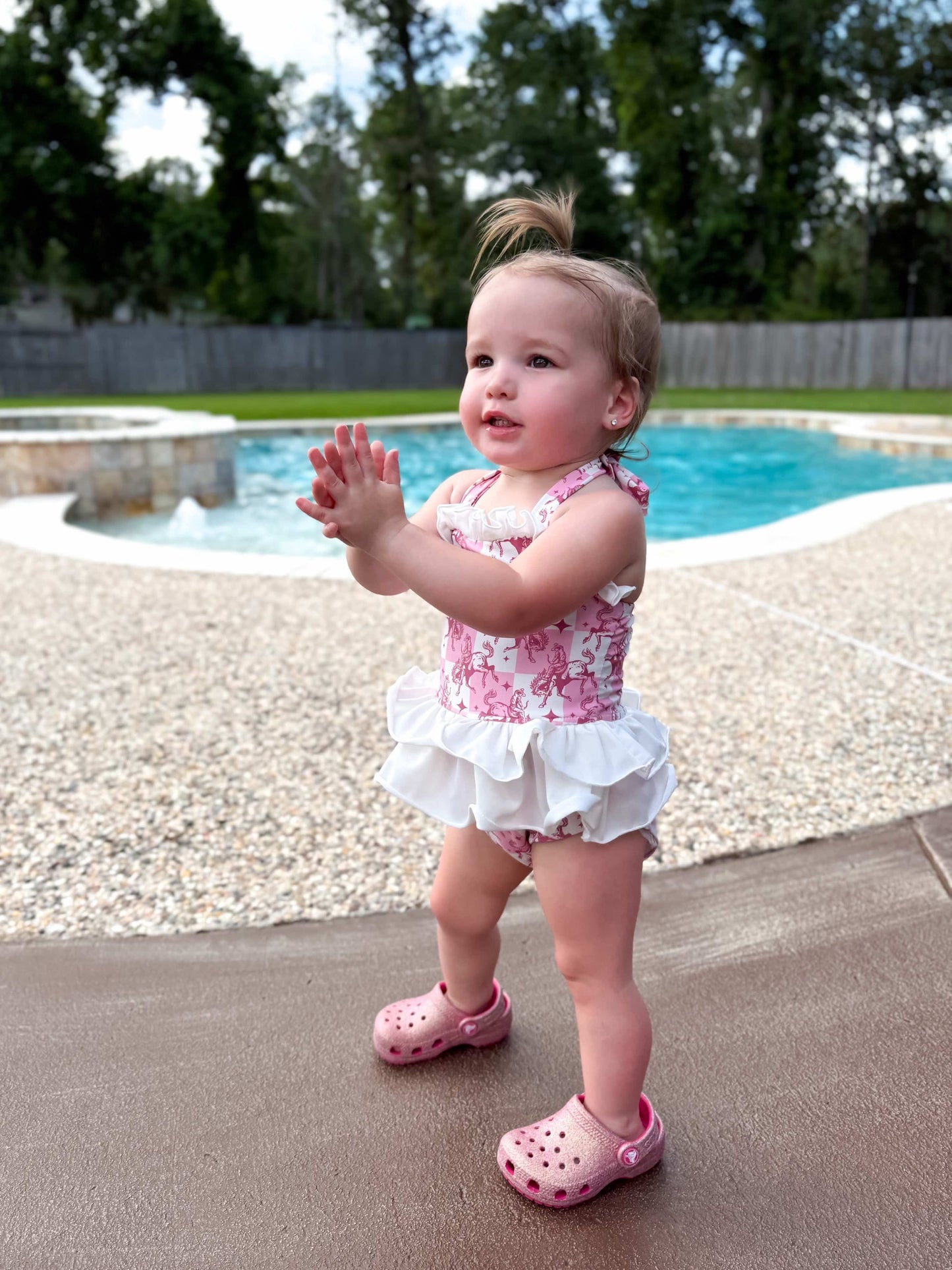 Pink Buckin’ Broncs Ruffled Swim Suit