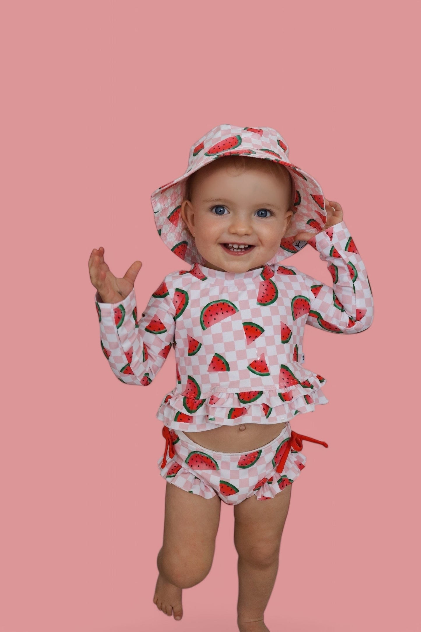 ONE IN A MELON DREAM TWO PIECE RASH GUARD RUFFLE SWIM SUIT