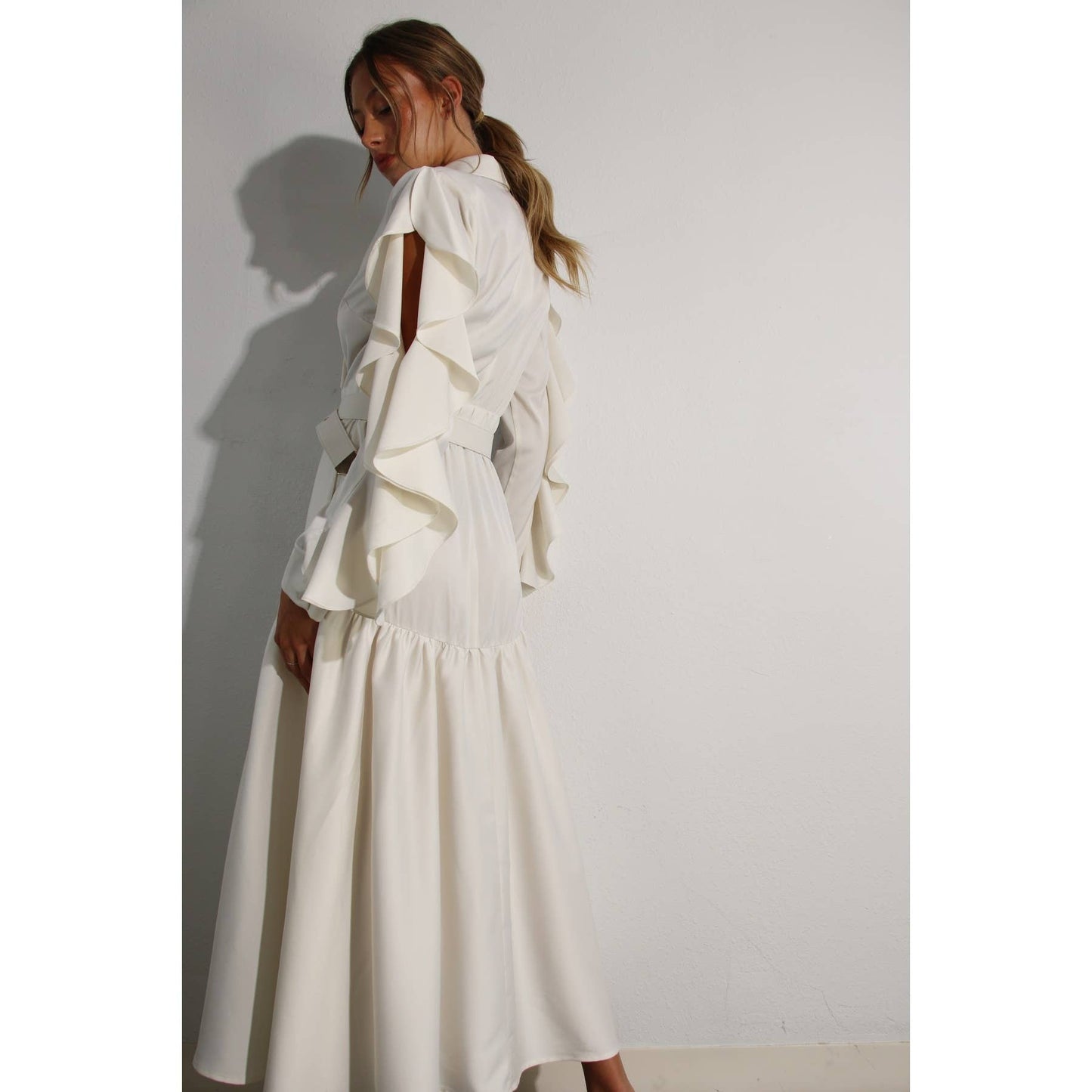 The Dylan Collared Long Ruffle Sleeve Dress