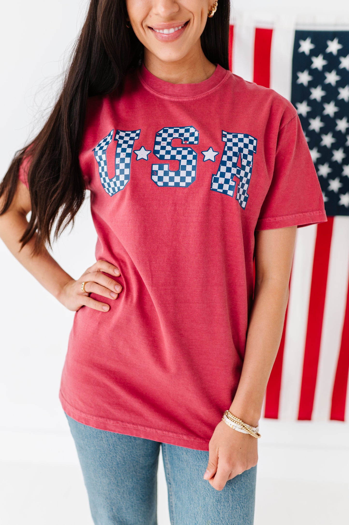 Adult Unisex RED ‘USA’ Check Tee
