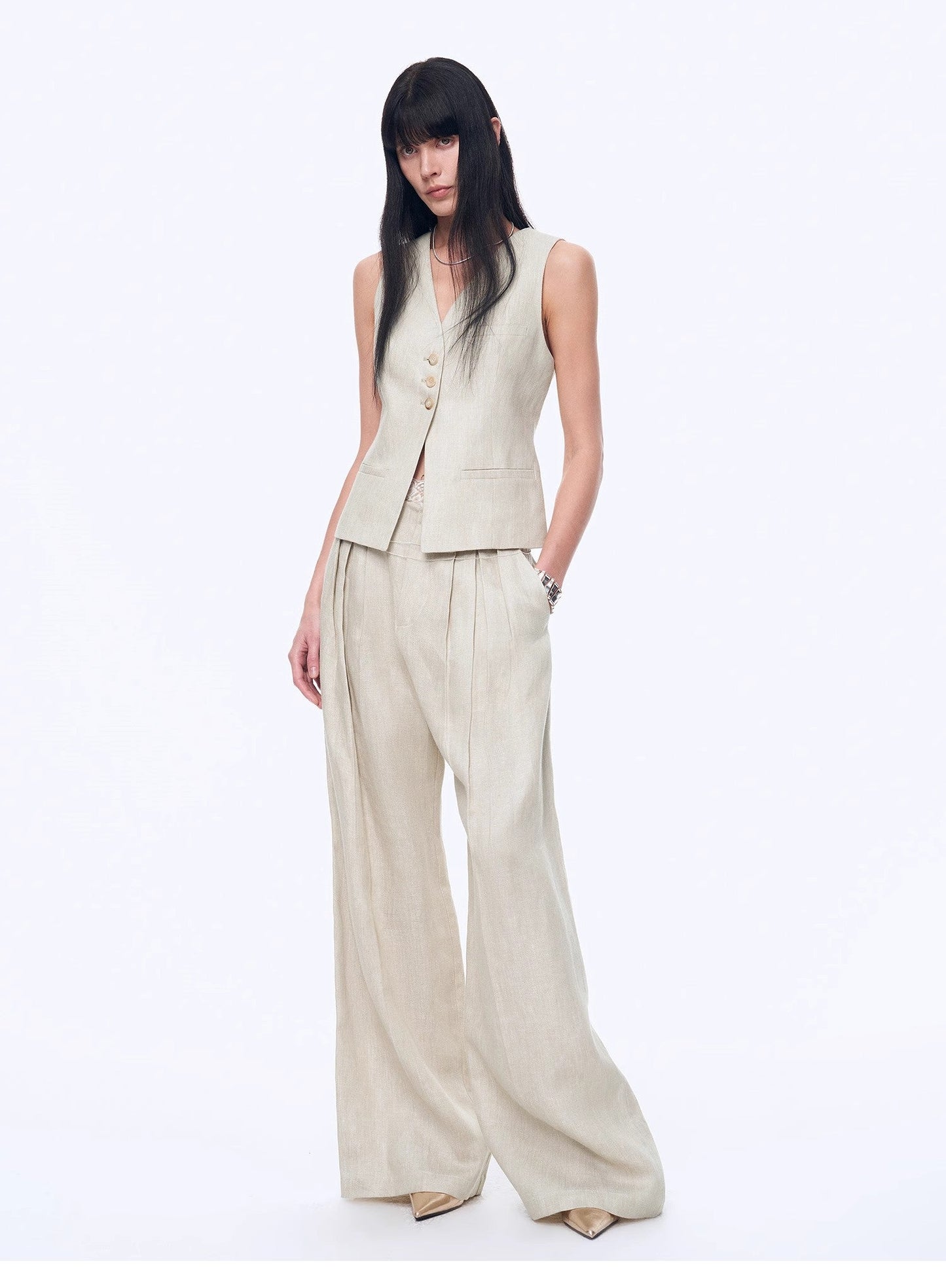 Linen Draped Vest and Straight Trousers Suit