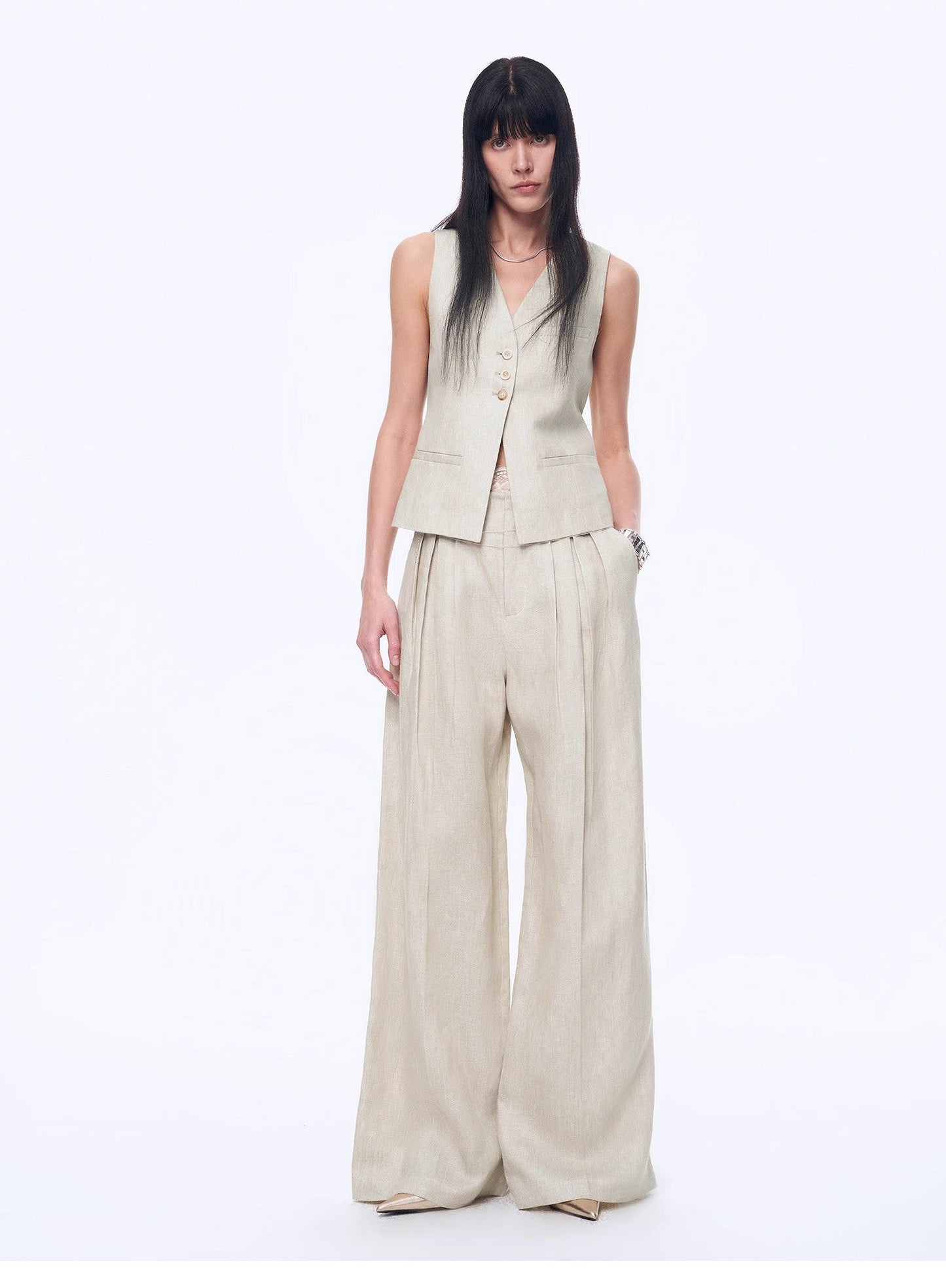 Linen Draped Vest and Straight Trousers Suit