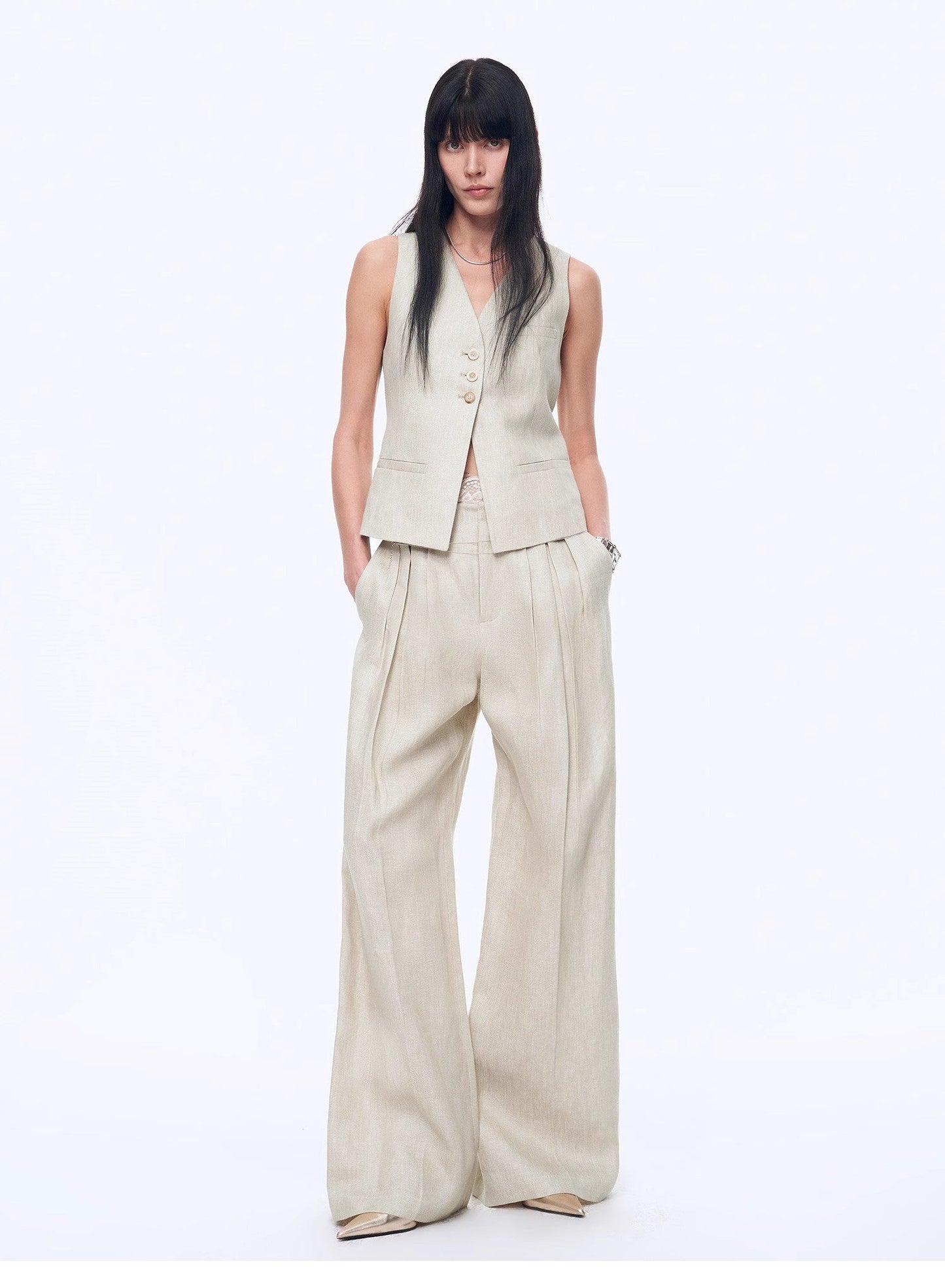 Linen Draped Vest and Straight Trousers Suit