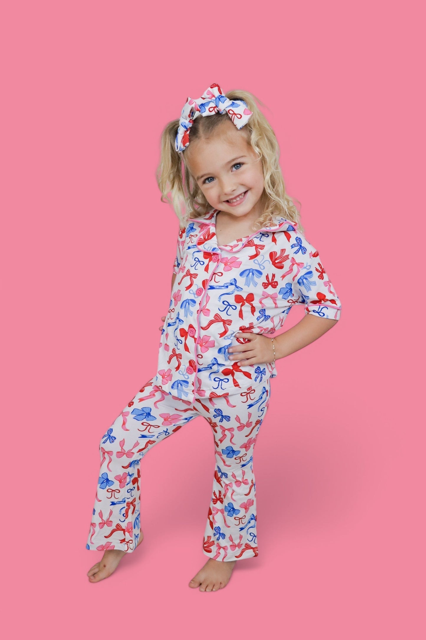 RED, WHITE AND BOWS DREAM GIRL'S SHORT SLEEVE FLARE SET