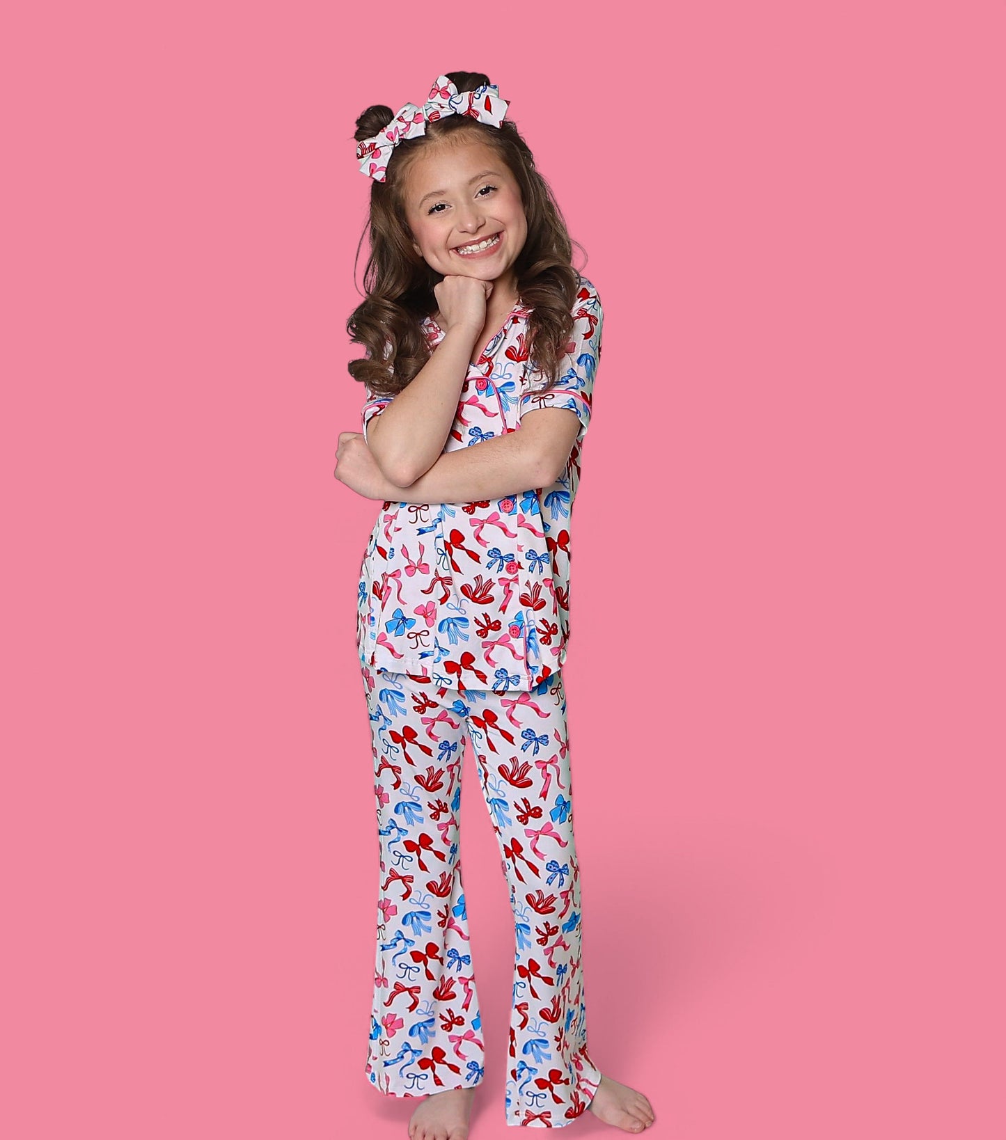 RED, WHITE AND BOWS DREAM GIRL'S SHORT SLEEVE FLARE SET