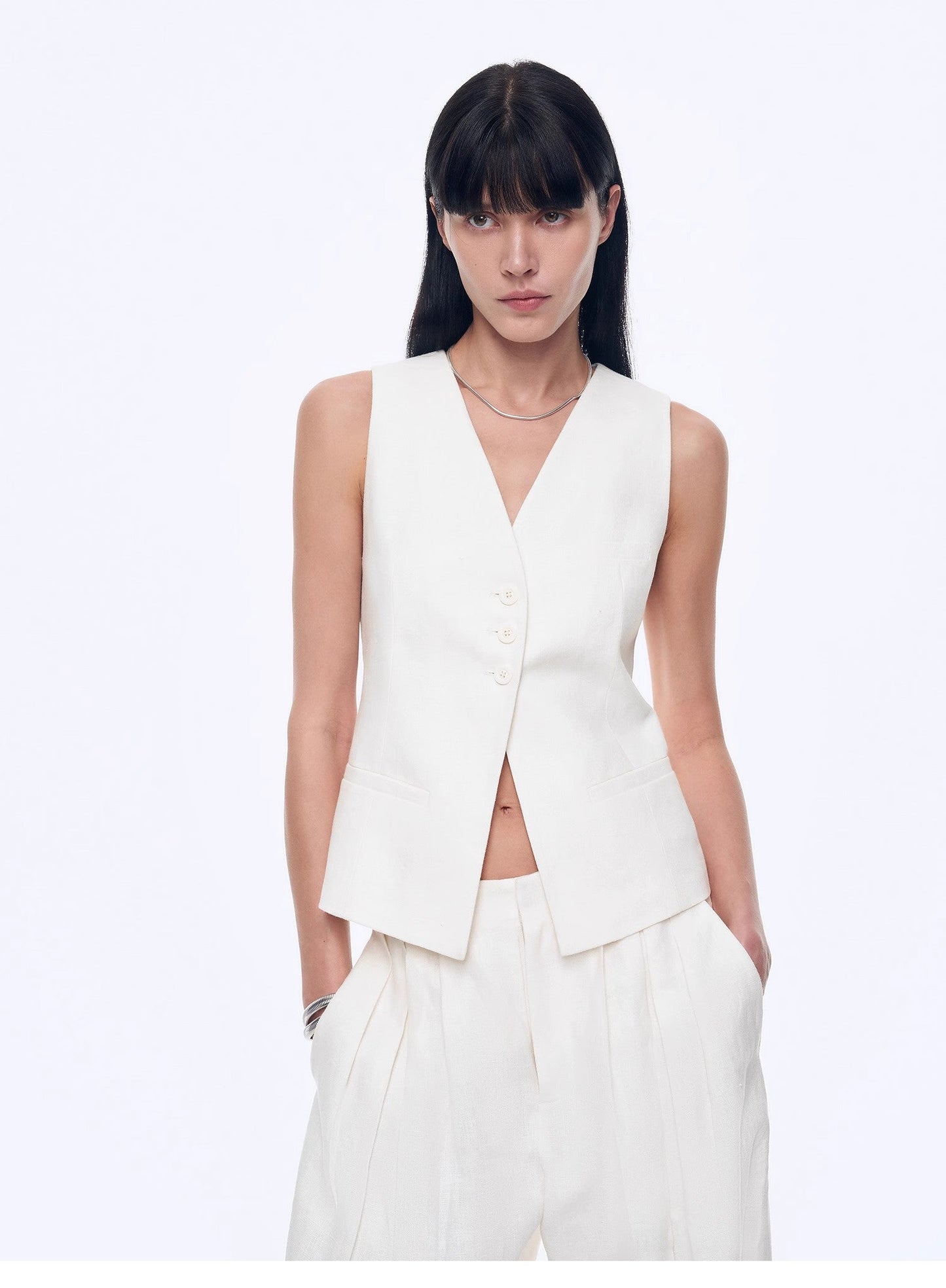 Linen Draped Vest and Straight Trousers Suit