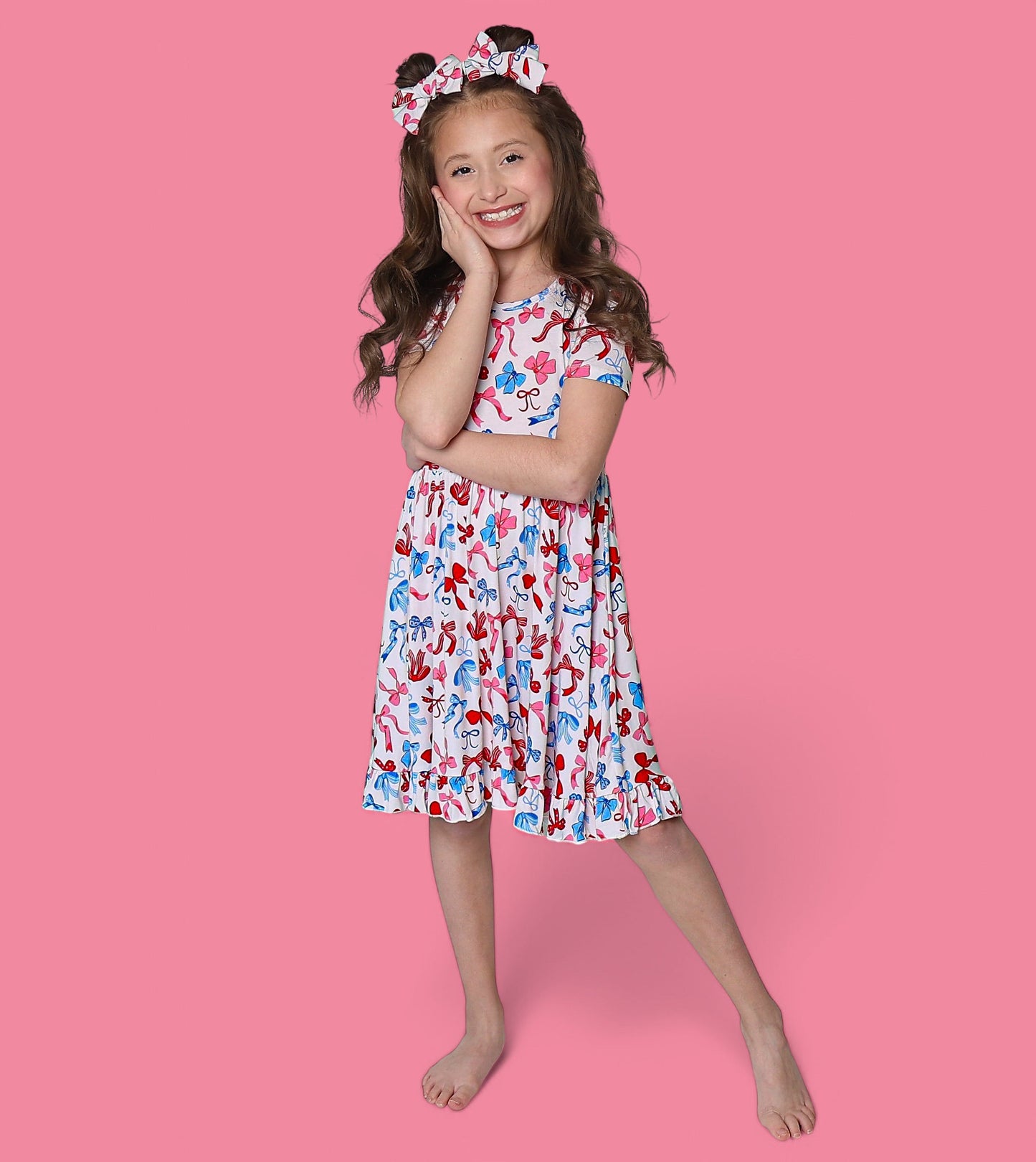 RED, WHITE AND BOWS DREAM RUFFLE DRESS