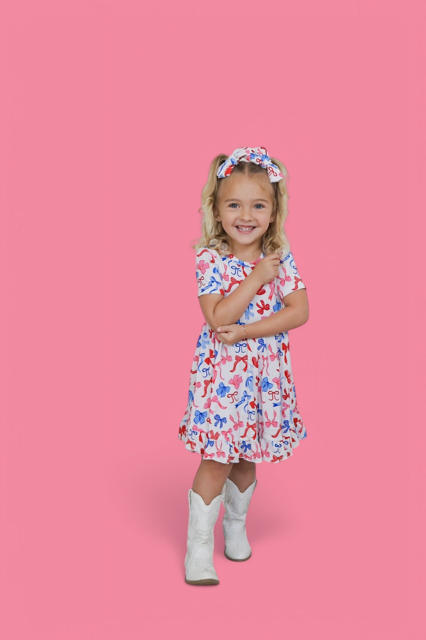 RED, WHITE AND BOWS DREAM RUFFLE DRESS