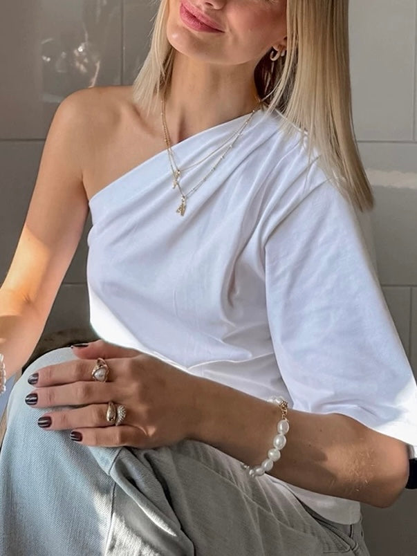 Slanting Collar One Sleeve Short-sleeved Shirt