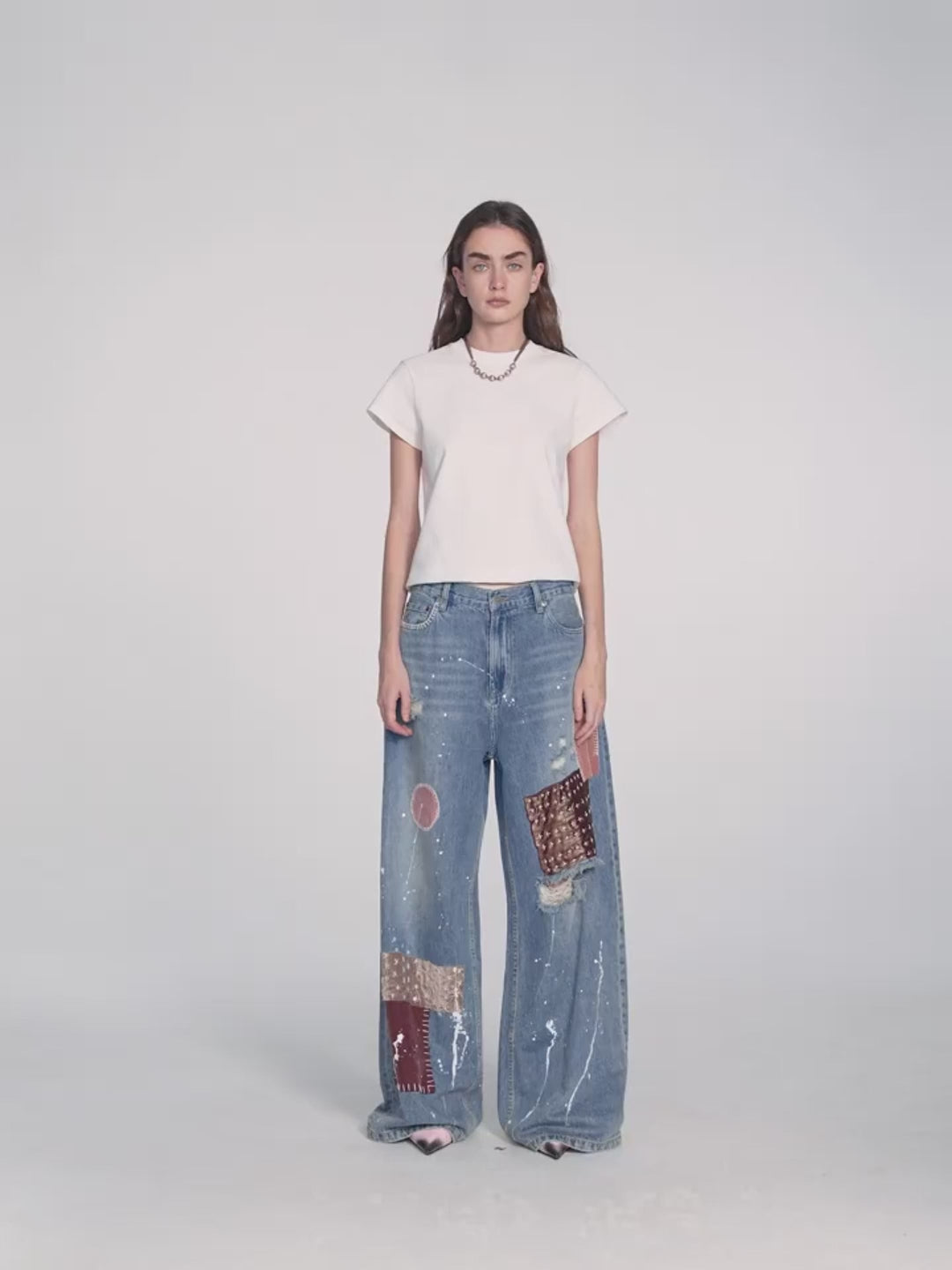 Uninhibited Splicing Washed Wide-Leg Jeans